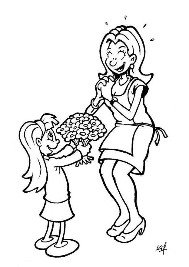 Coloriage Maman avec fleurs et cadeaux pour la fête - Fête des mères à imprimer