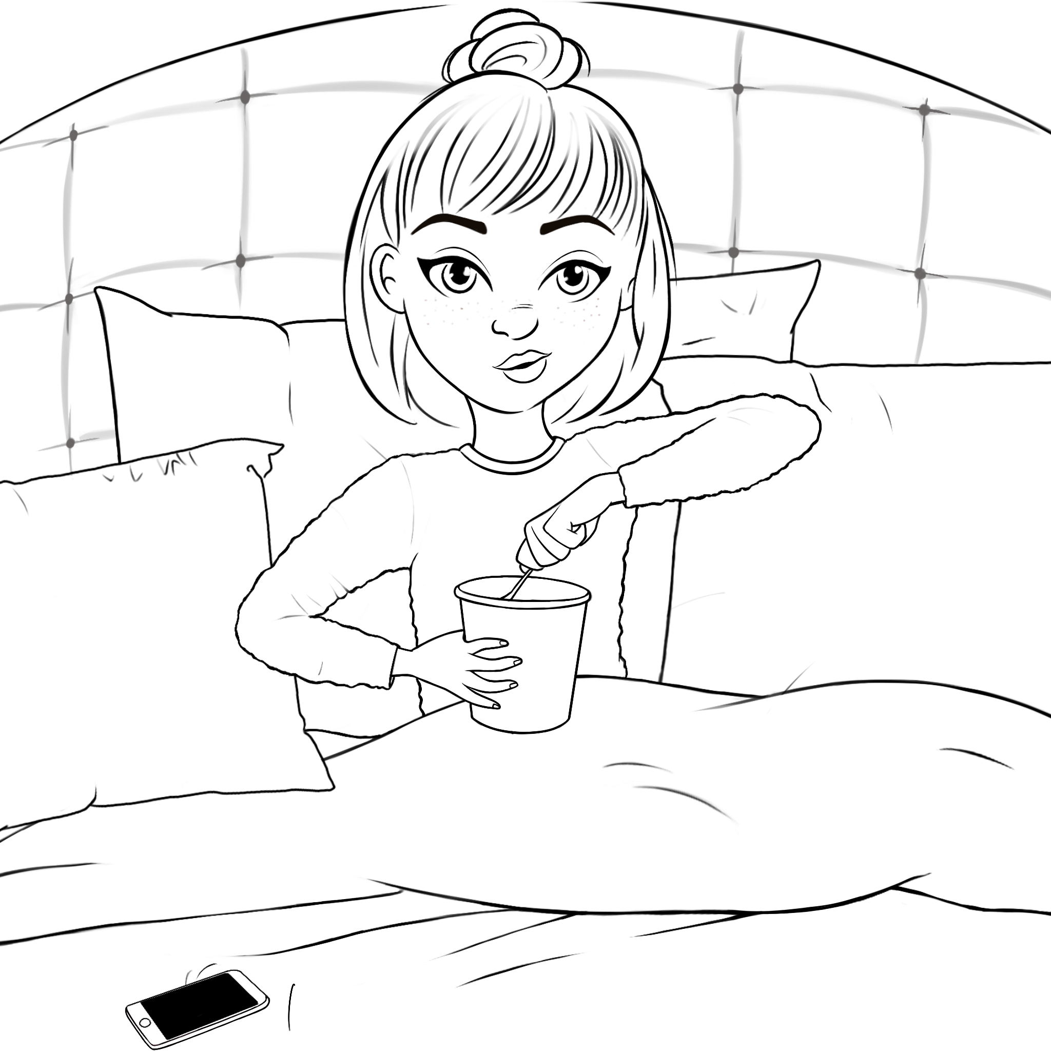 Coloriage Fille Ado Au Lit Mange Une Crème Glace - Fille ado à imprimer
