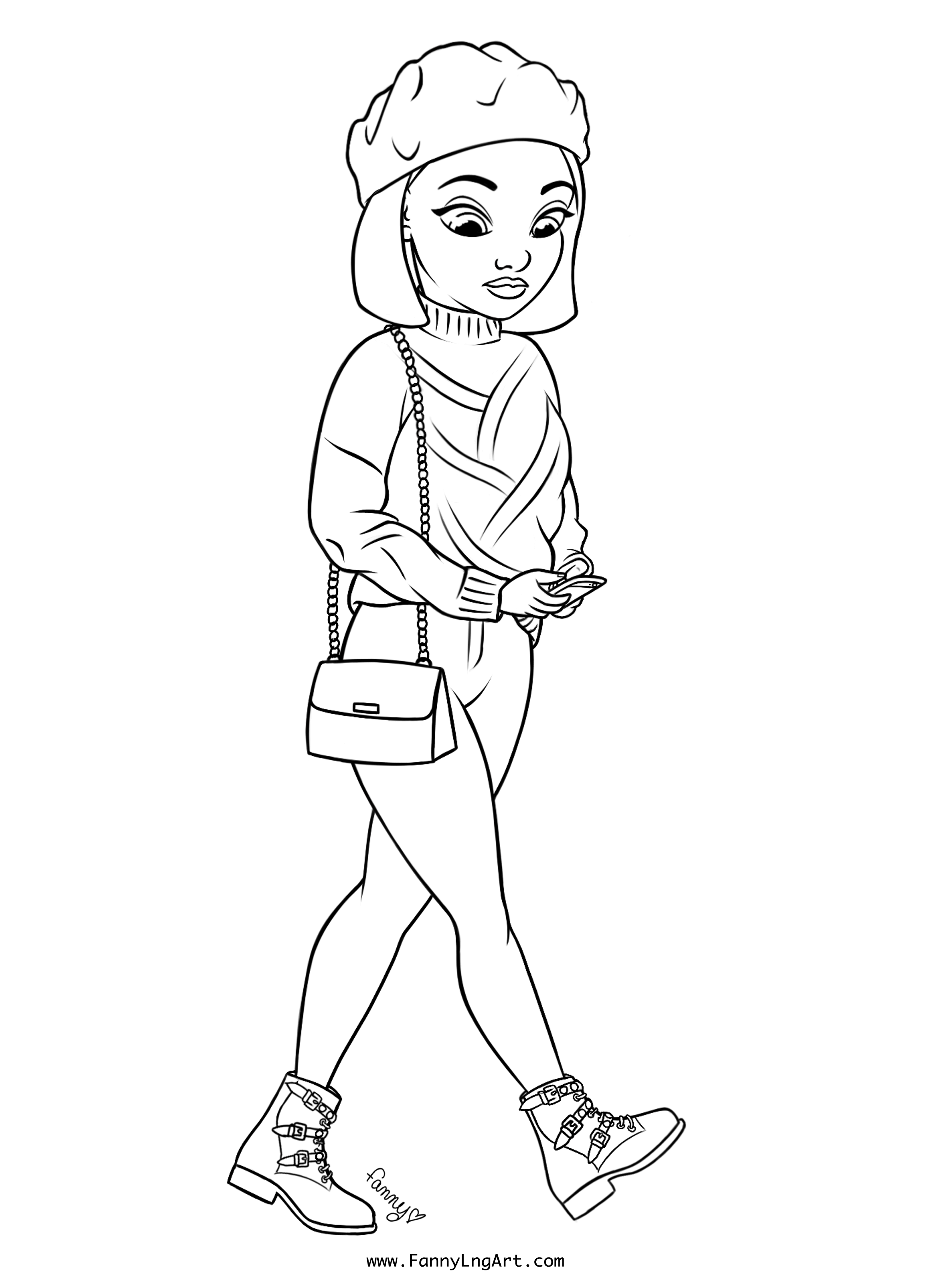 Coloriage Fille Ado Fait Une Marche Avec Un Téléphone Portable Sur Les Mains - Fille ado à imprimer