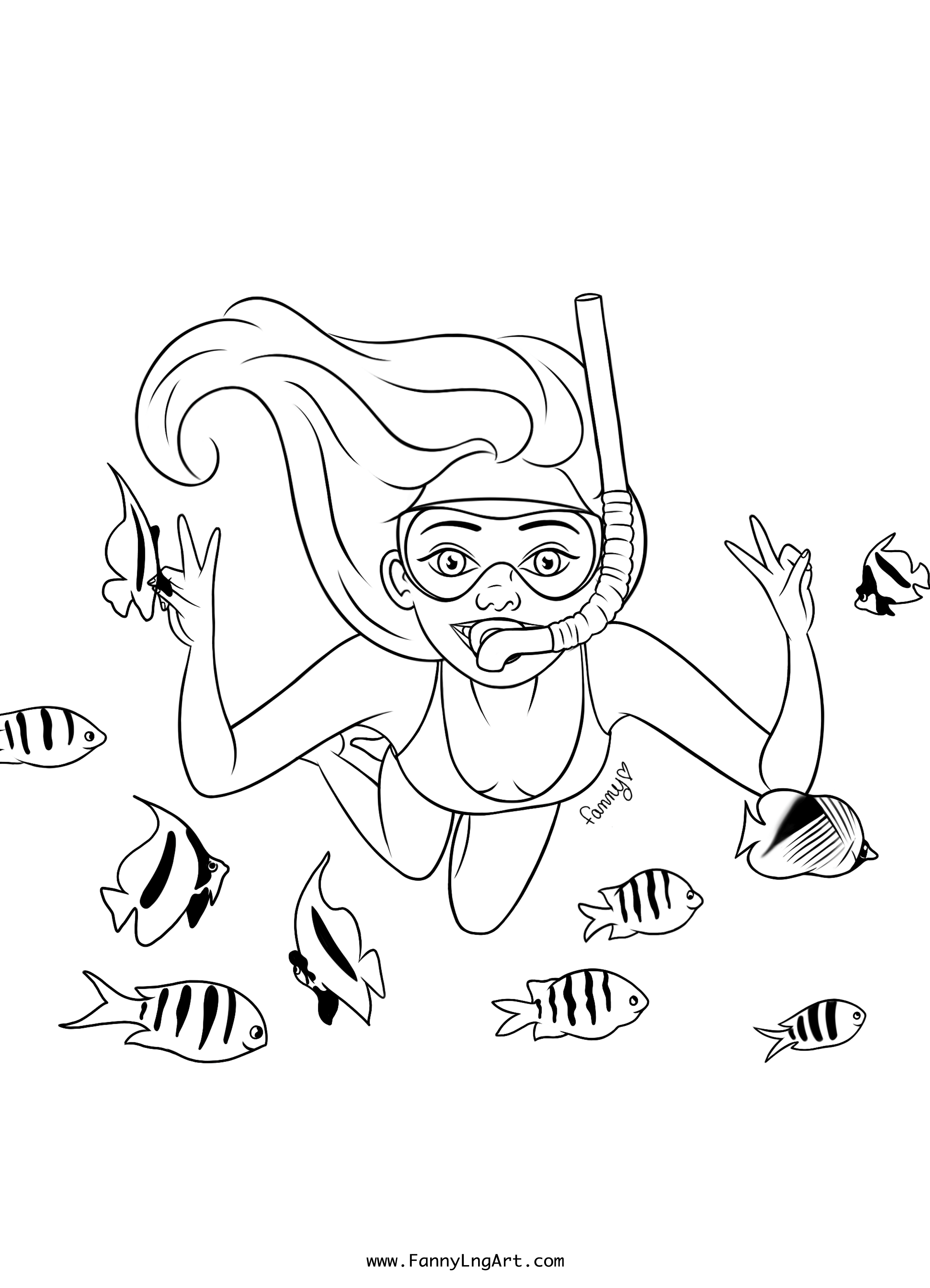 Coloriage Fille Ado Sous La Mer Avec Les Poissons - Fille ado à imprimer
