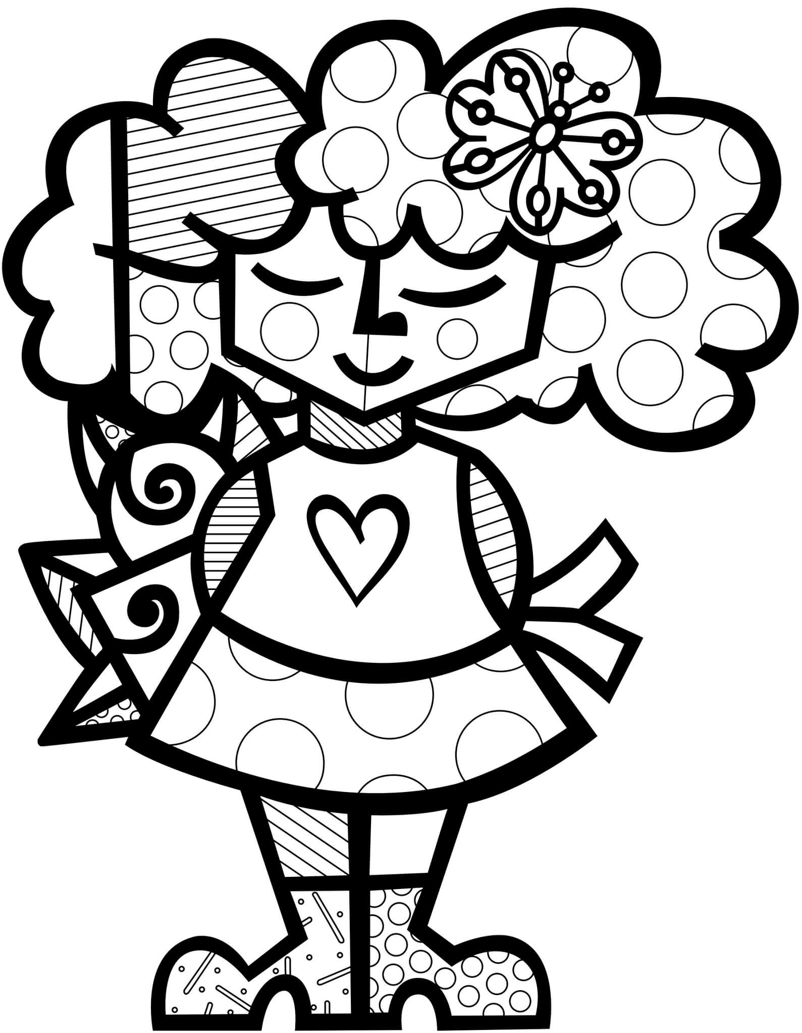 Coloriage Fille Avec Fleurs Par Britto - Romero britto à imprimer