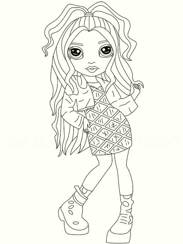 Coloriage Fille Avec Robe Graphique Et Cheveux Ondules - Rainbow high à imprimer