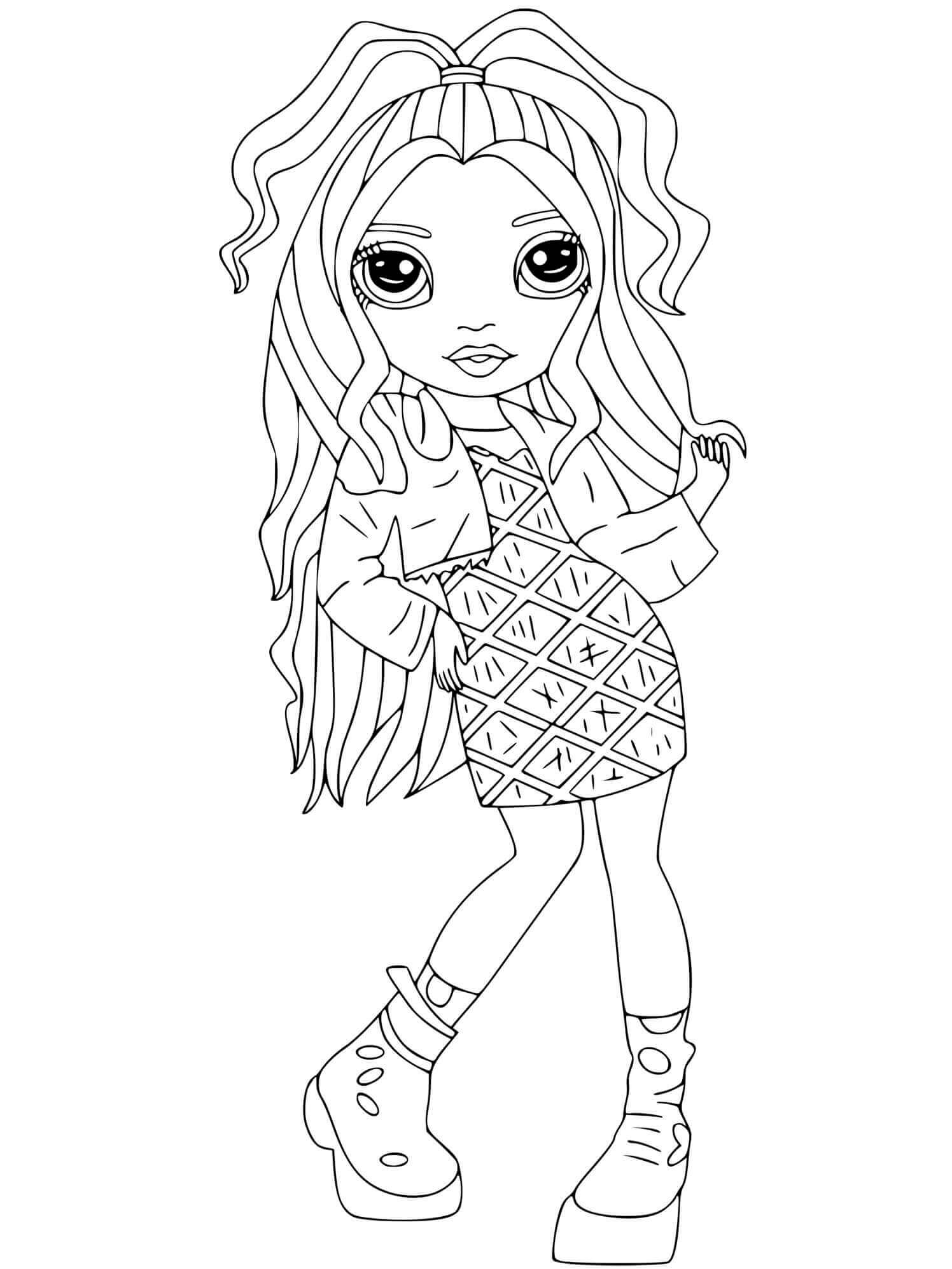 Coloriage Fille Avec Robe Mode Et Cheveux Ondules - Rainbow high à imprimer