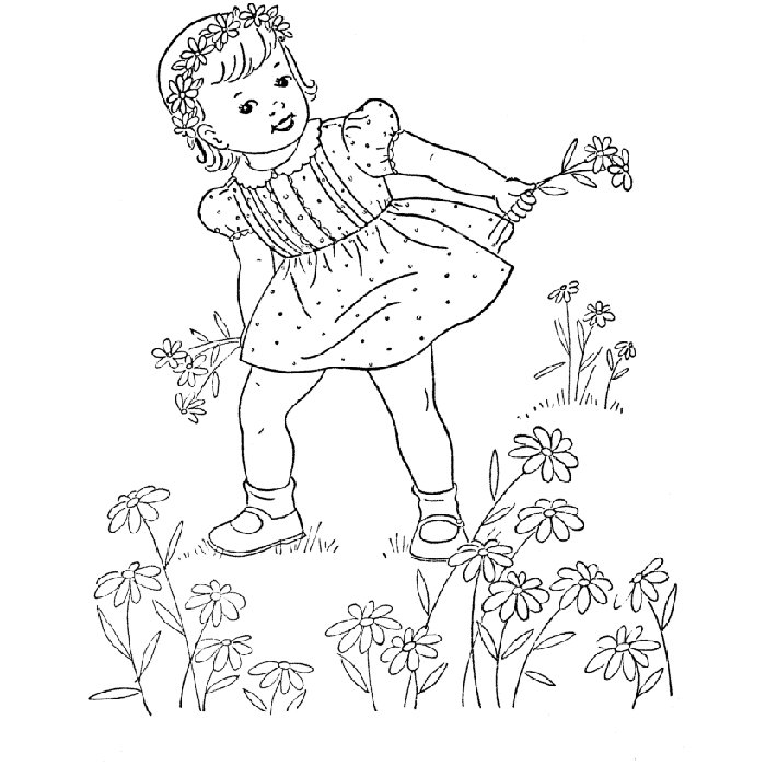 Coloriage Fille Cueillir Des Fleurs - Fille à imprimer