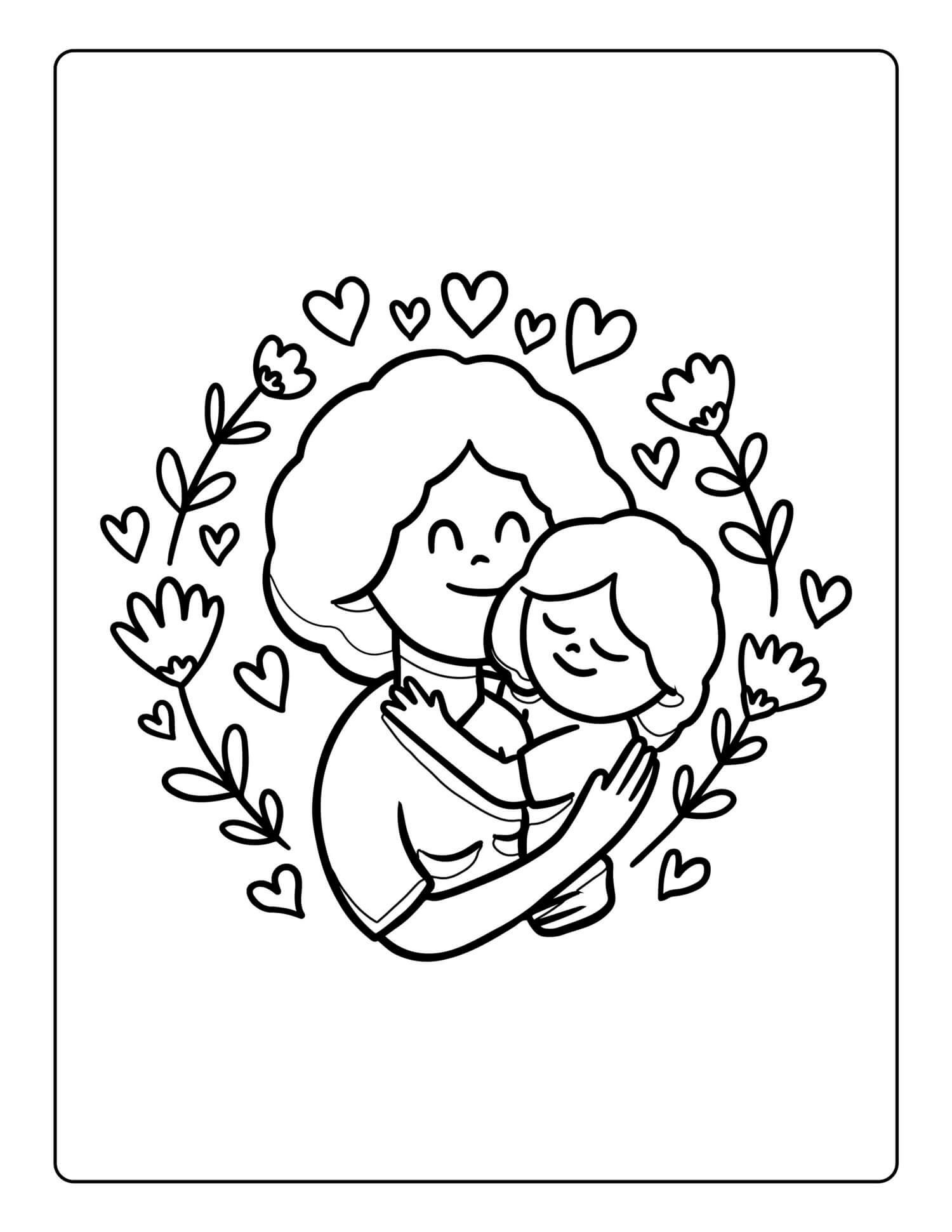 Coloriage Fille Et Maman Fleurs - Fête des mères à imprimer