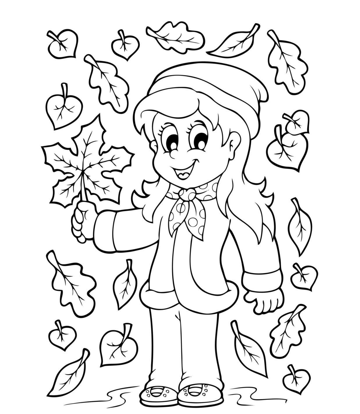 Coloriage Fille Feuilles Automne - Action de grâce à imprimer