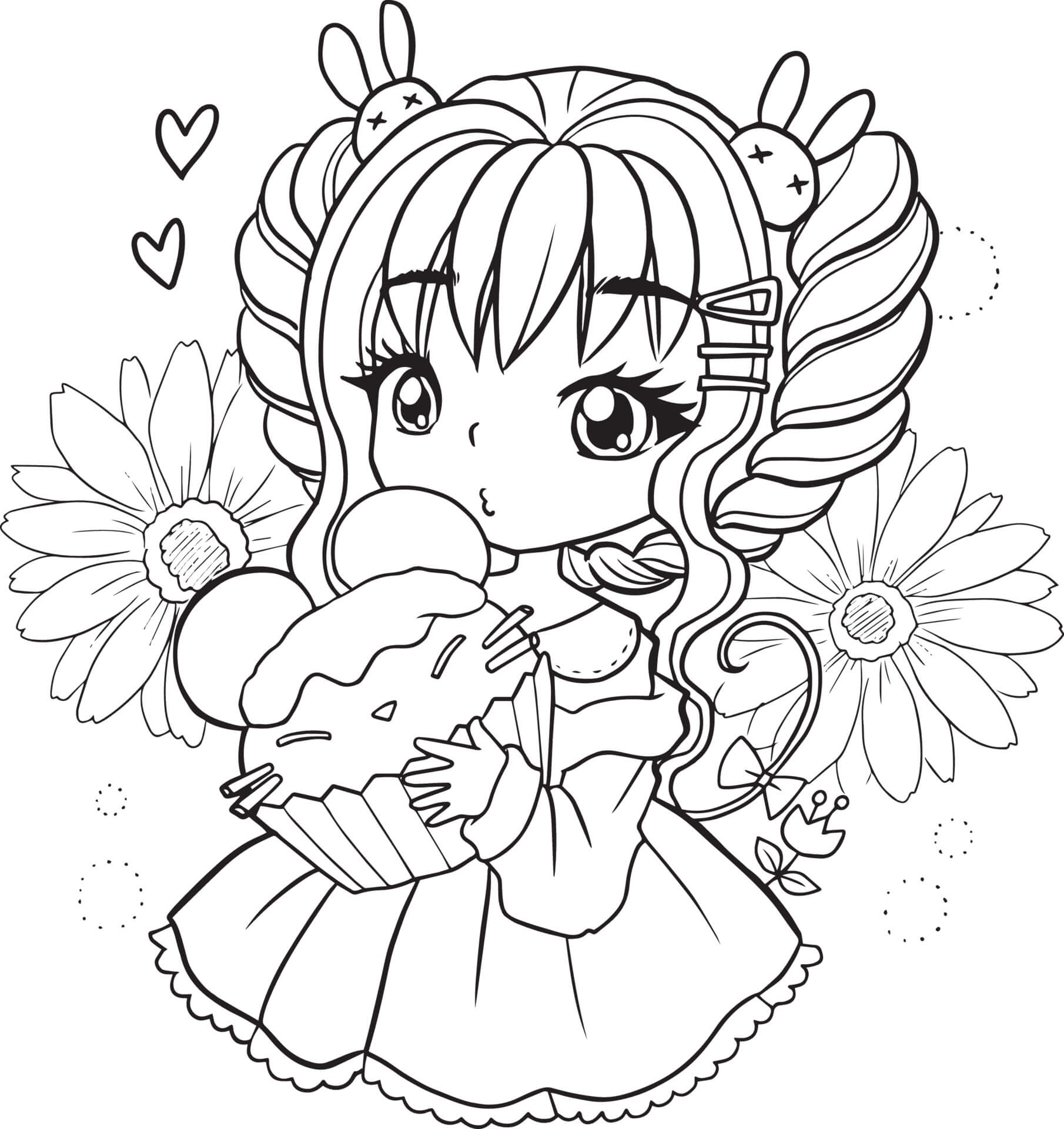 Coloriage Fille Manga 6 Ans Aime Les Cupcakes - Fille à imprimer