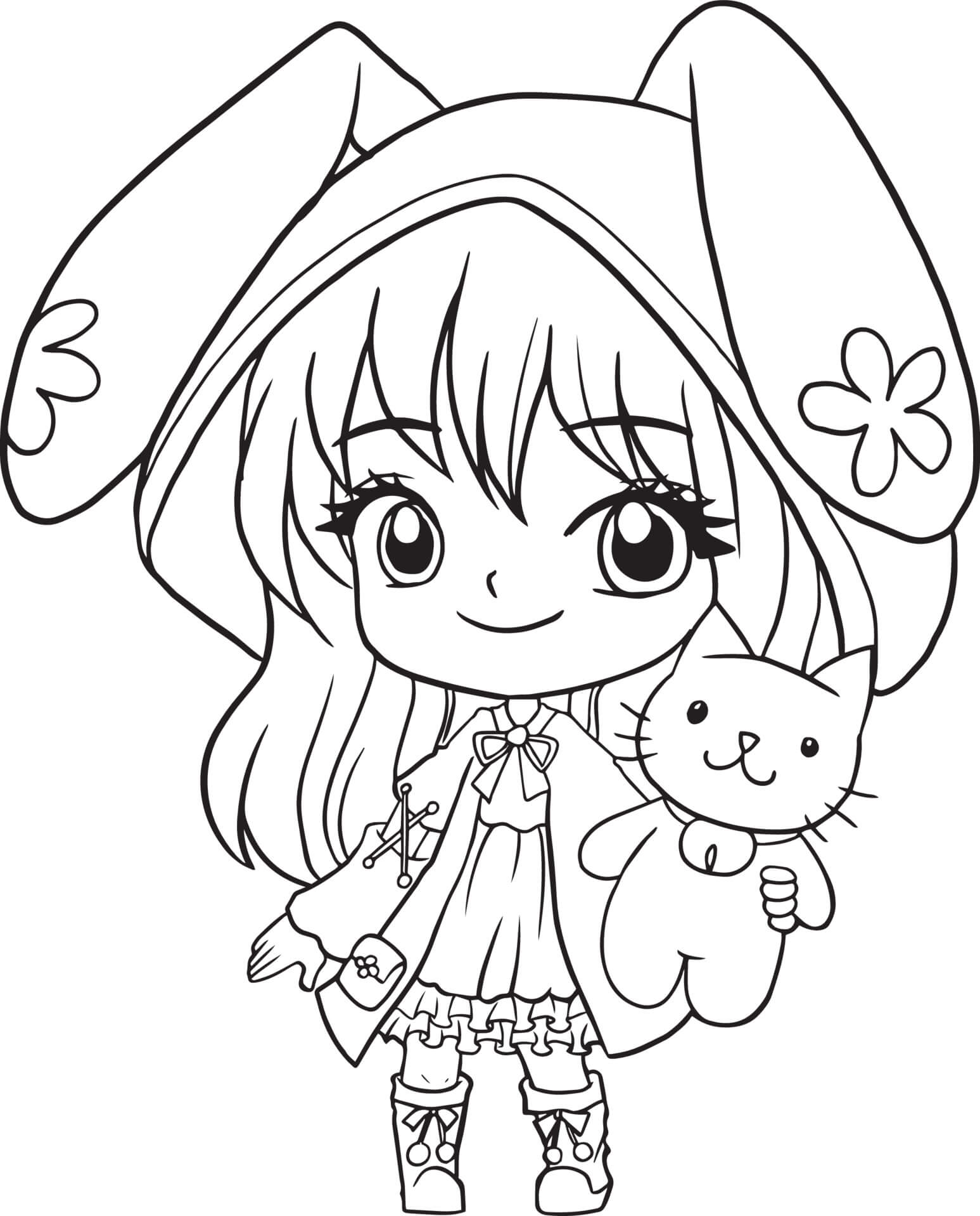 Coloriage Fille Manga Avec Son Nounours - Fille à imprimer