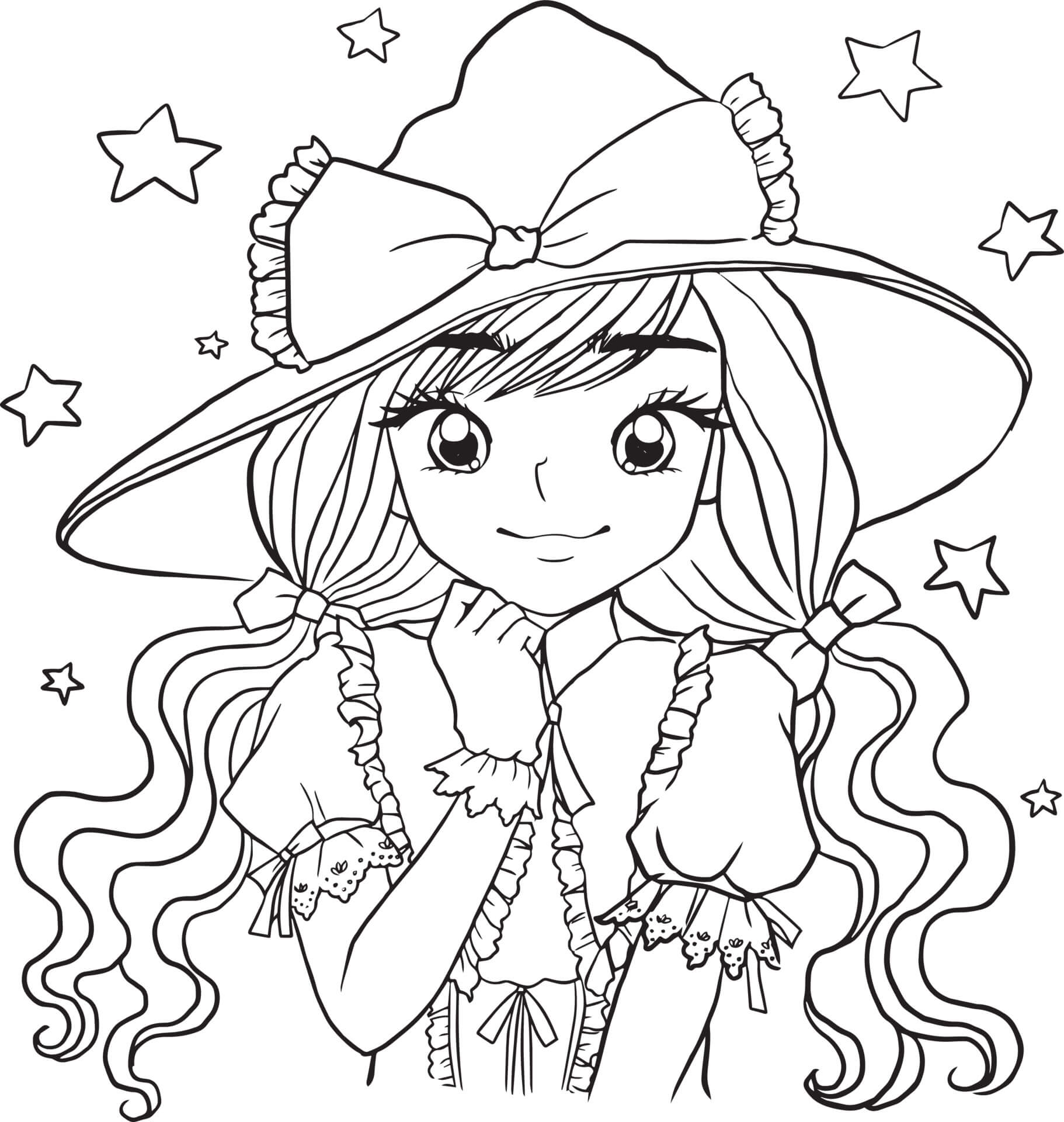 Coloriage Fille Manga Avec Un Jolie Chapeau - Fille à imprimer