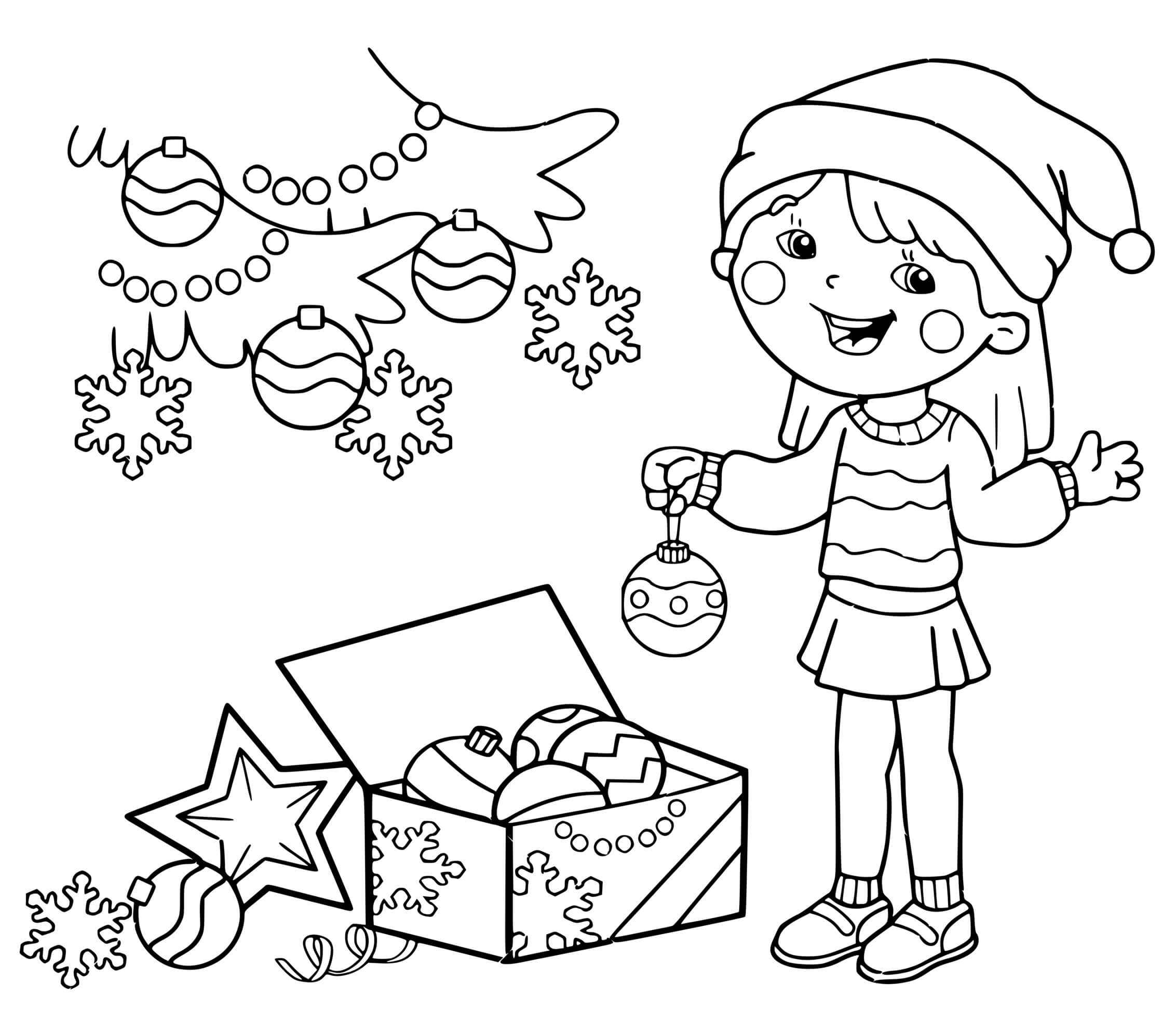 Coloriage Fille Prepare Le Sapin De Noël Avec Des Décorations Festives - Noël maternelle à imprimer