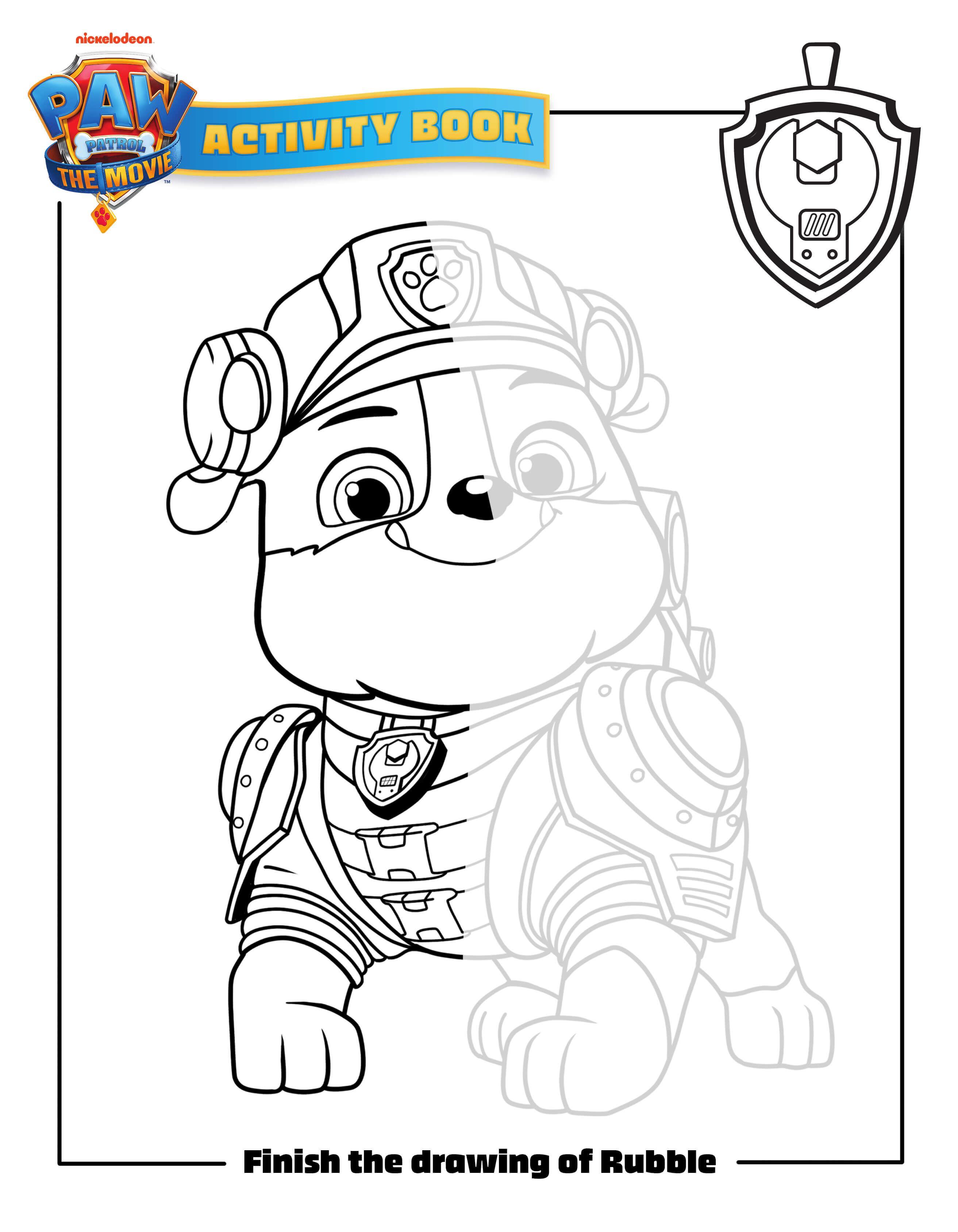 Coloriage Finish The Drawing Of Rubble Paw Patrol Movie - Pat patrouille à imprimer