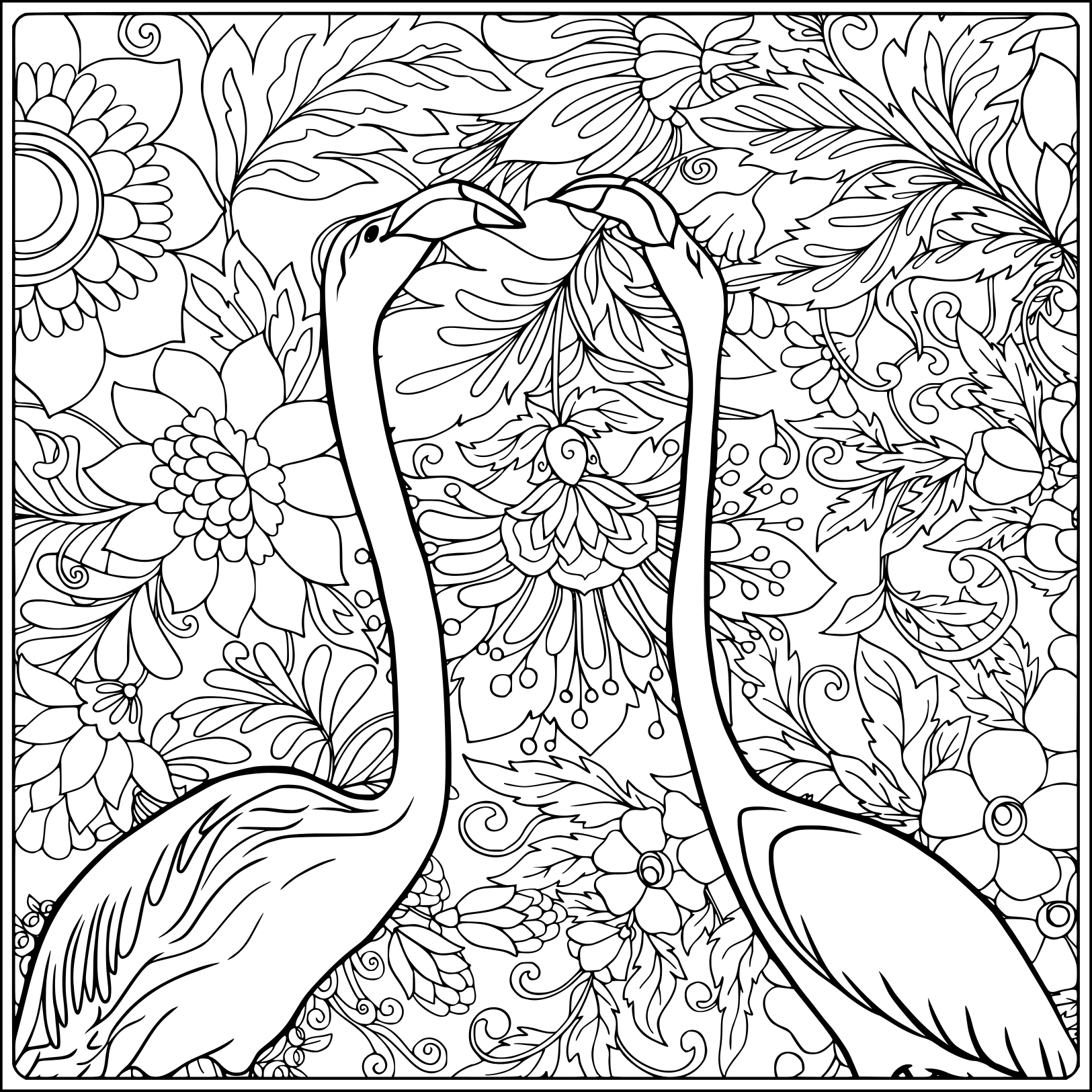Coloriage Flamant rose jardin fleuri fantastique - Adulte à imprimer