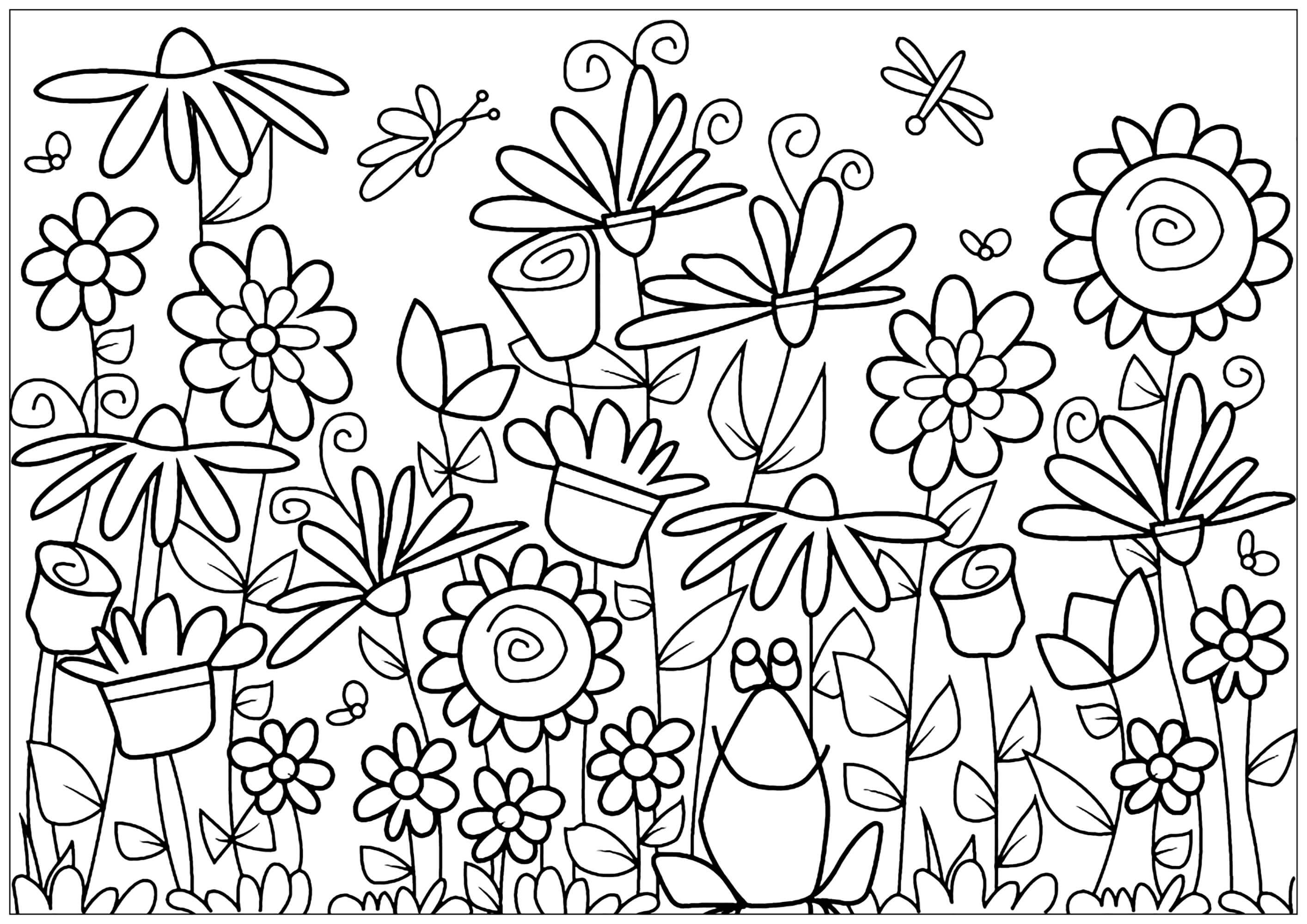 Coloriage Fleurs Et Grenouille - Tulipe à imprimer