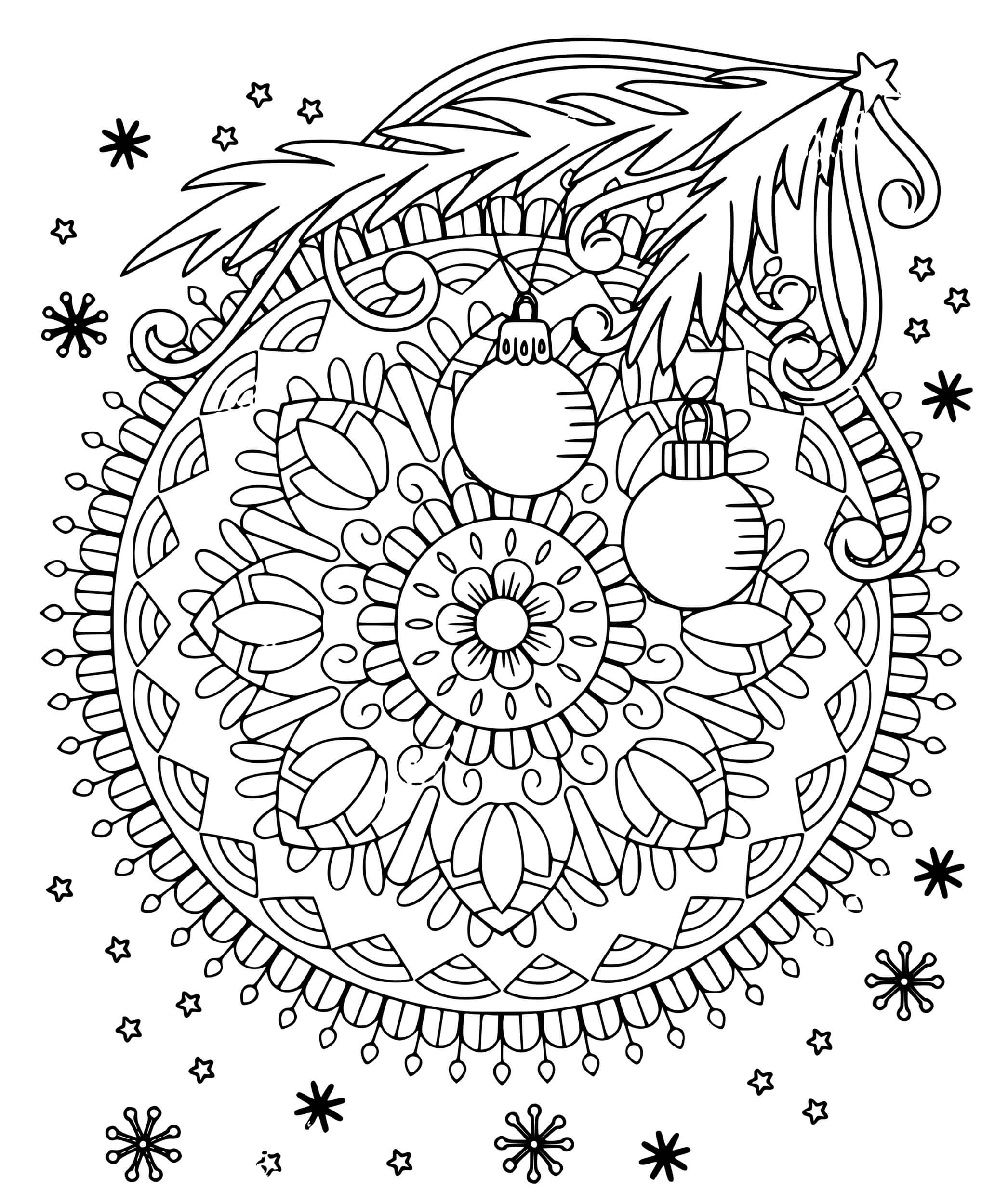 Coloriage Flocon Et Décorations De Noël Mandala - Mandala de Noël à imprimer