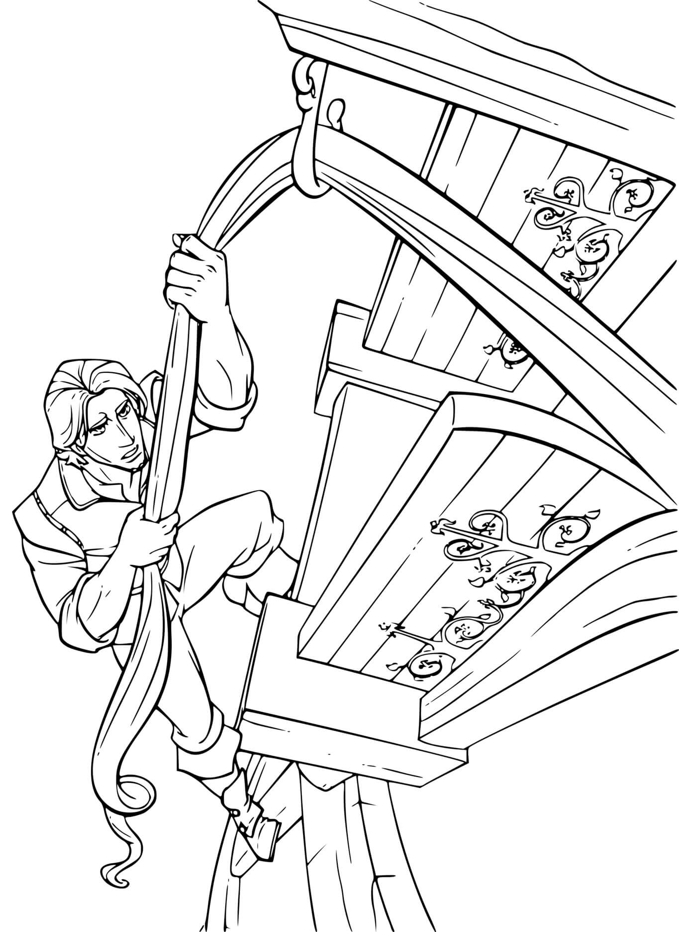 Coloriage Flynn Rider Escalade La Tour Avec Les Cheveux De Raiponce - Raiponce à imprimer