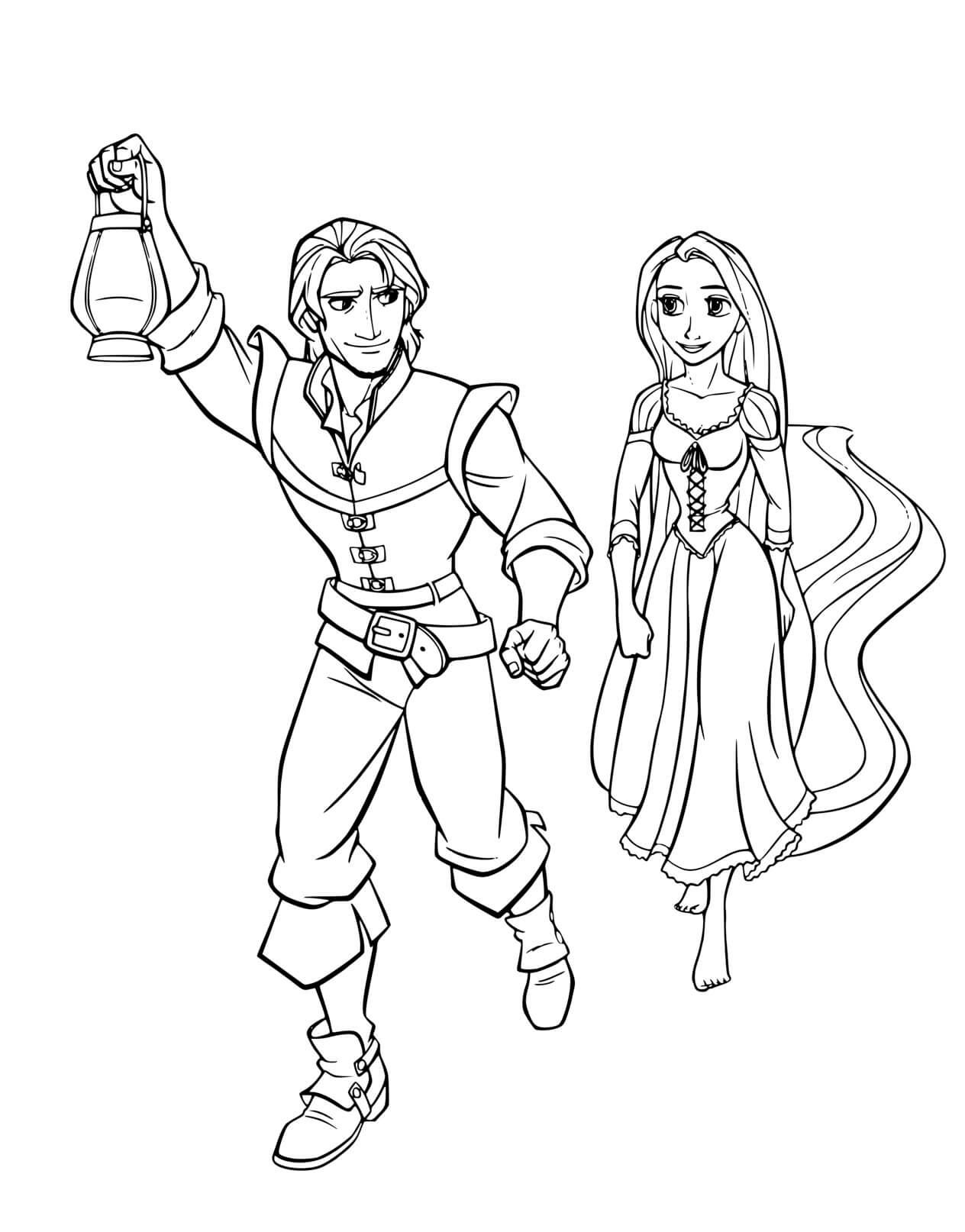 Coloriage Flynn Rider Et Raiponce Ensemble Entrain De Marcher Avec Une Lanterne - Raiponce à imprimer