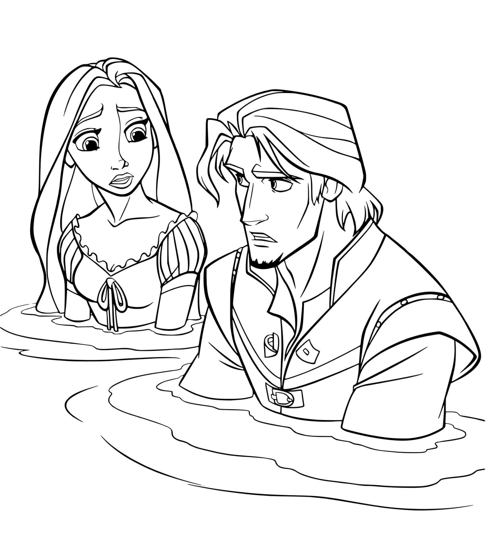 Coloriage Flynn Rider Et Raiponce Se Retrouvent Dans Un Lac - Raiponce à imprimer