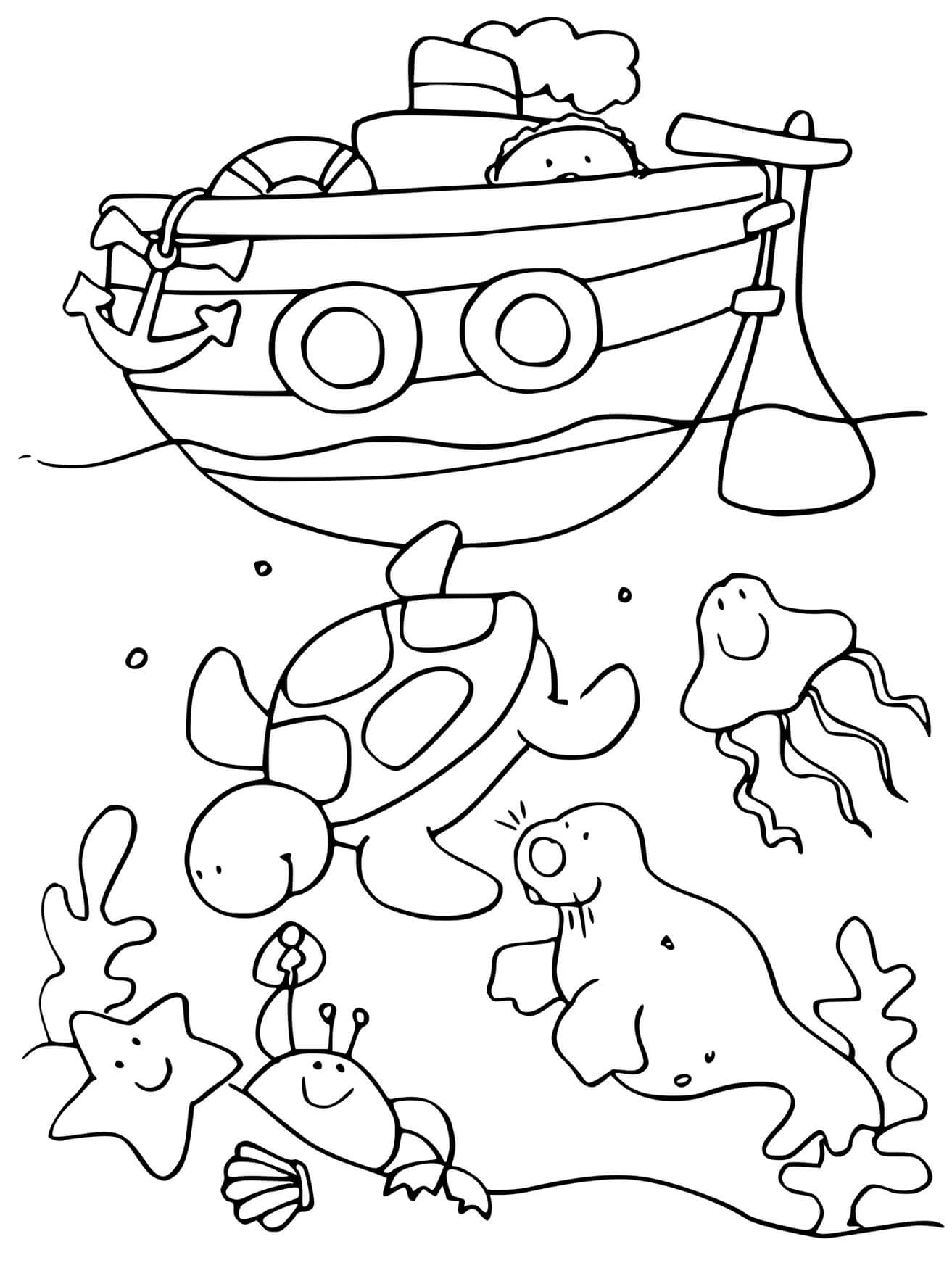 Coloriage Fond De Mer Et Animaux Marins Avec Bateau De Mer - Mer à imprimer