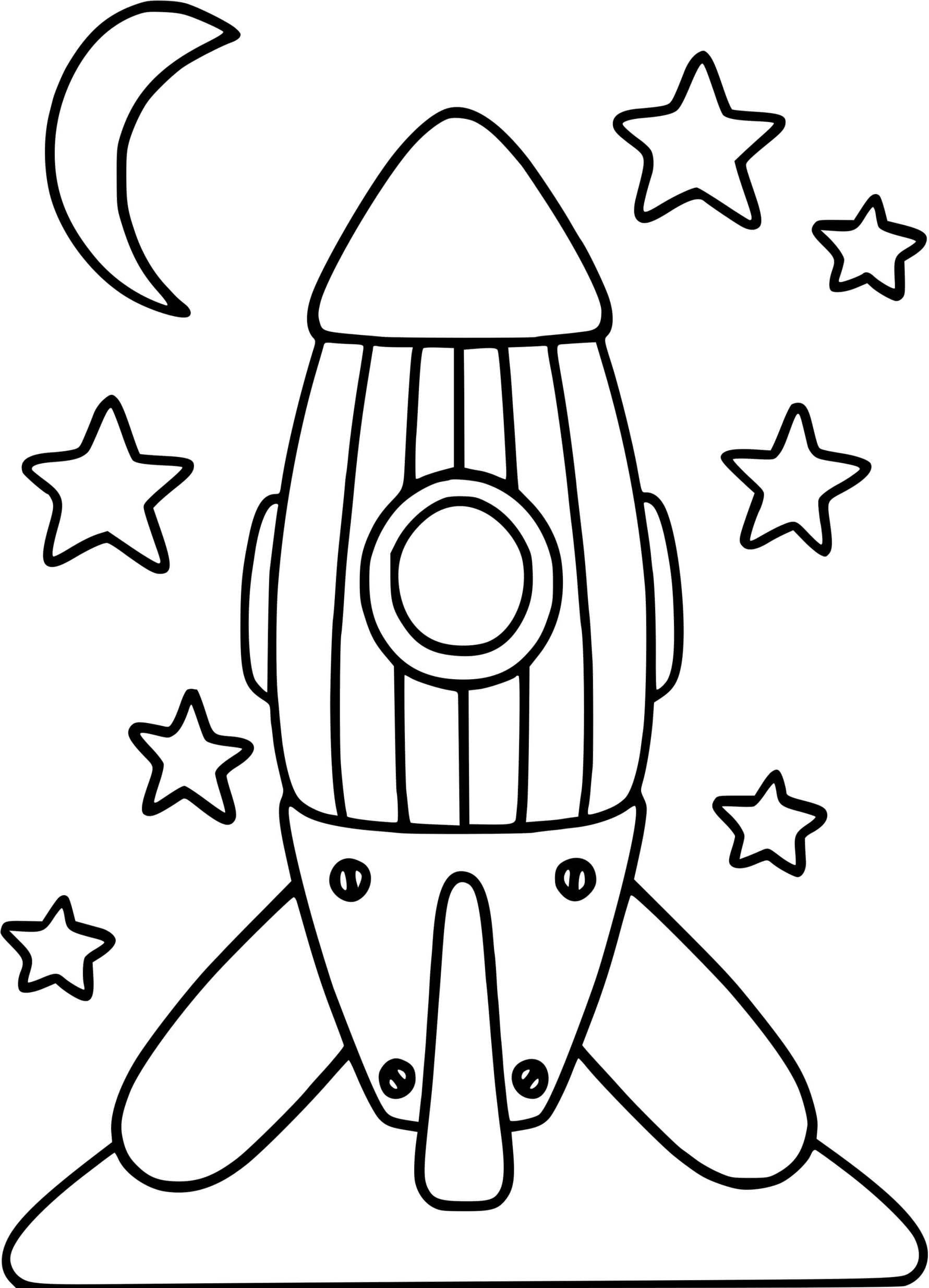 Coloriage Fusée Facile Avec Étoiles Lune - Fusée à imprimer