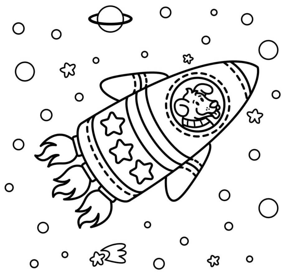 Coloriage Fusée Facile Espace Avec Chien - Fusée à imprimer