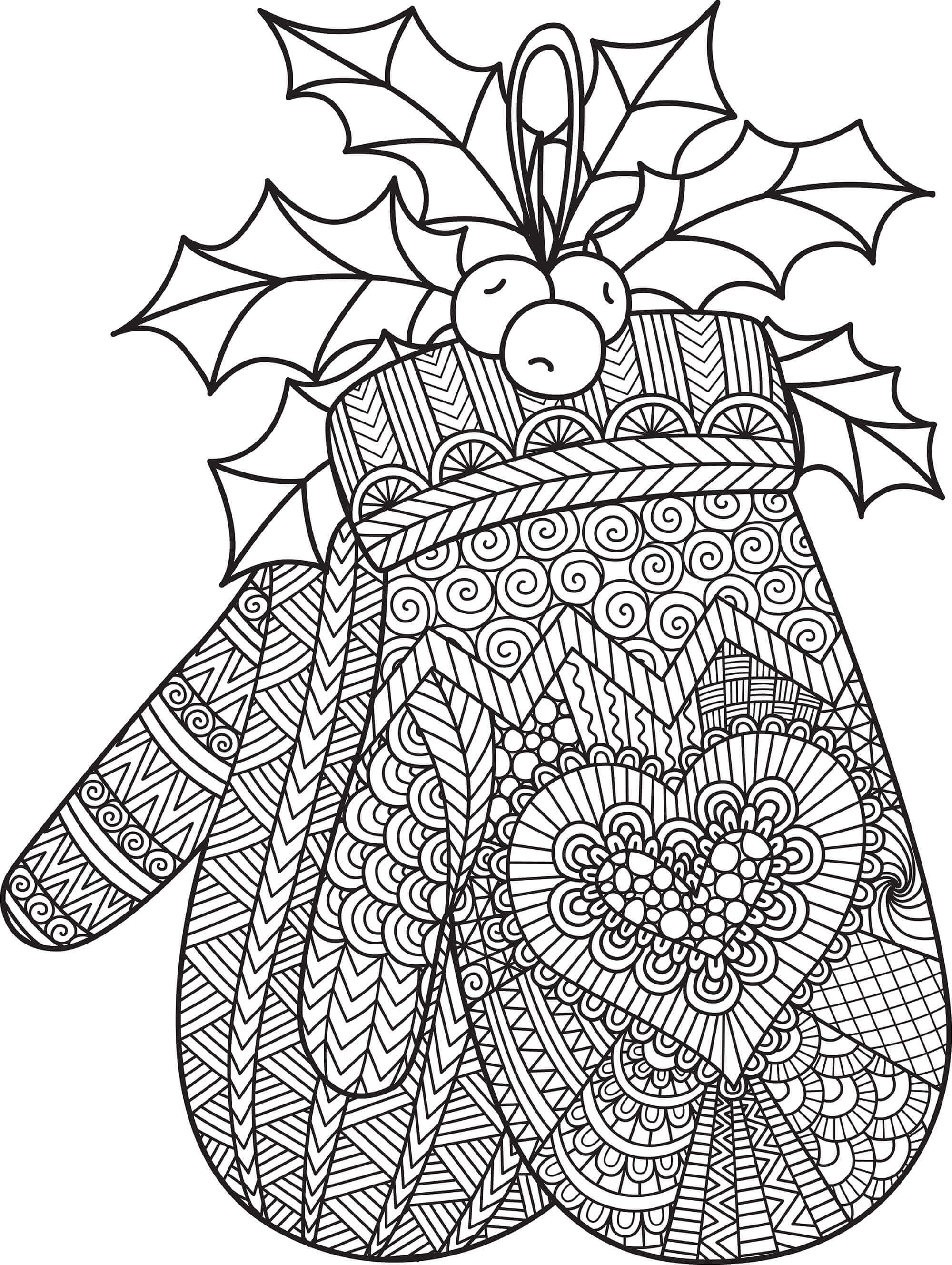 Coloriage Gants Hiver Noël Motif De Cœur Mandala Difficile Expert - Mandala de Noël à imprimer