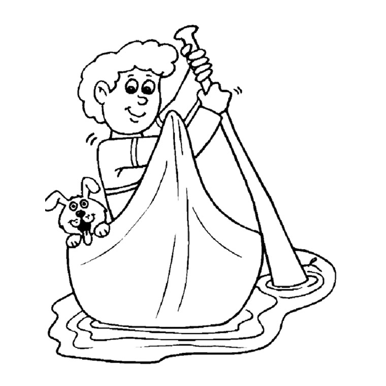 Coloriage Garçon Barque Petit Chien - Chien à imprimer