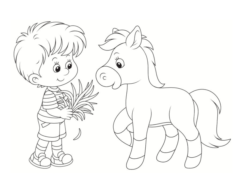 Coloriage Garçon Donne A Manger Au Poney - Poney à imprimer