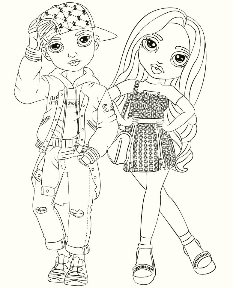Coloriage Garçon Et Fille Mode Urbaine - Rainbow high à imprimer