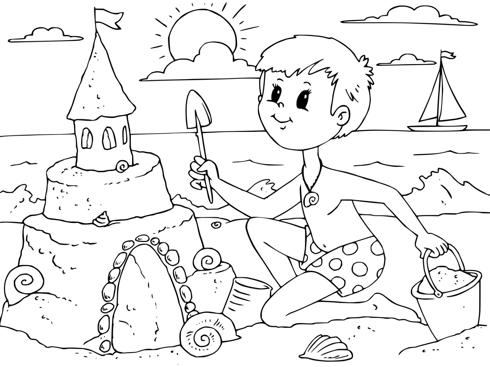 Coloriage Garçon Fait Un Château De Sable Sur Une Plage - Plage à imprimer