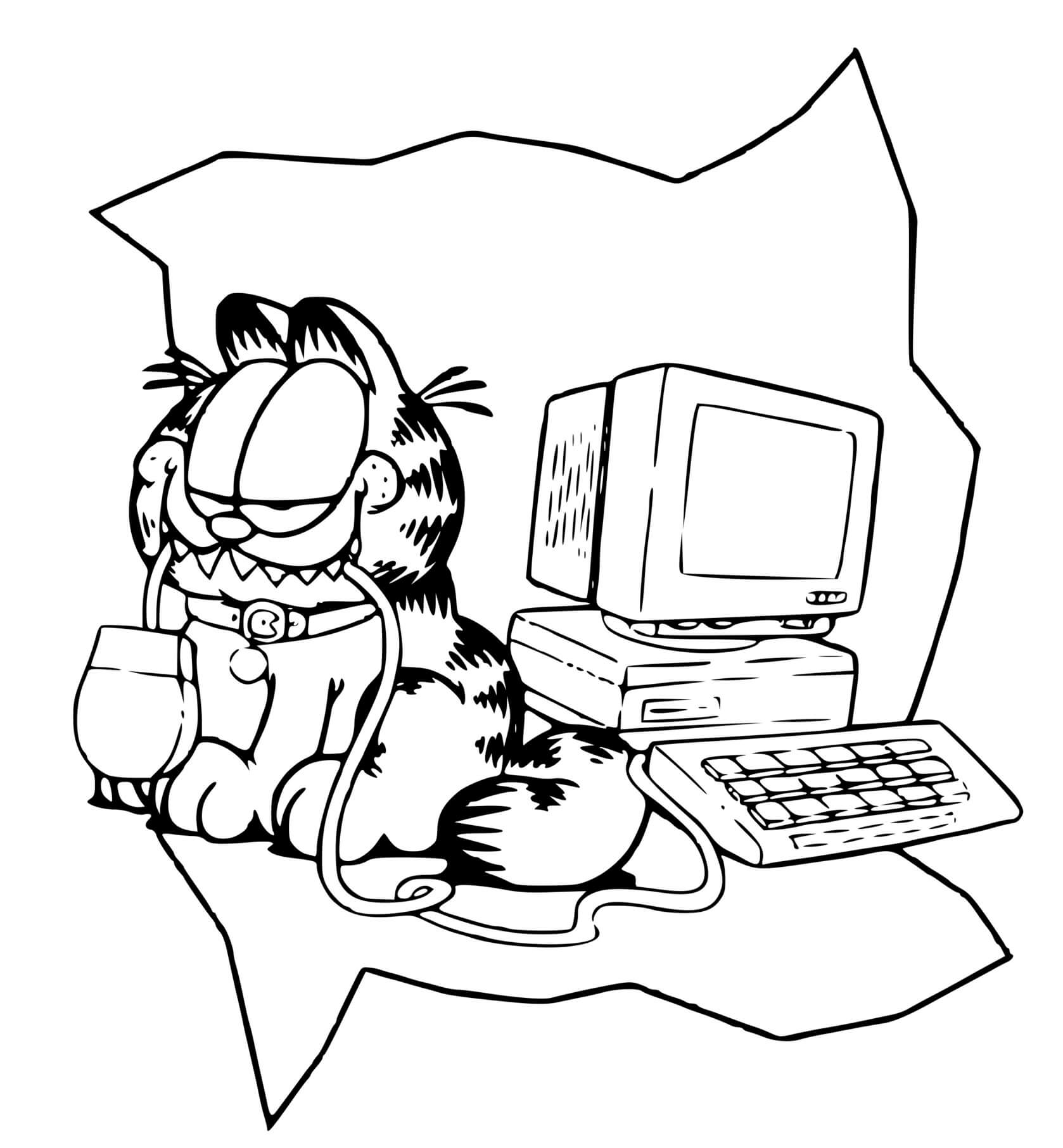 Coloriage Garfield Adore Jouer Avec Un Ordinateur - Garfield à imprimer