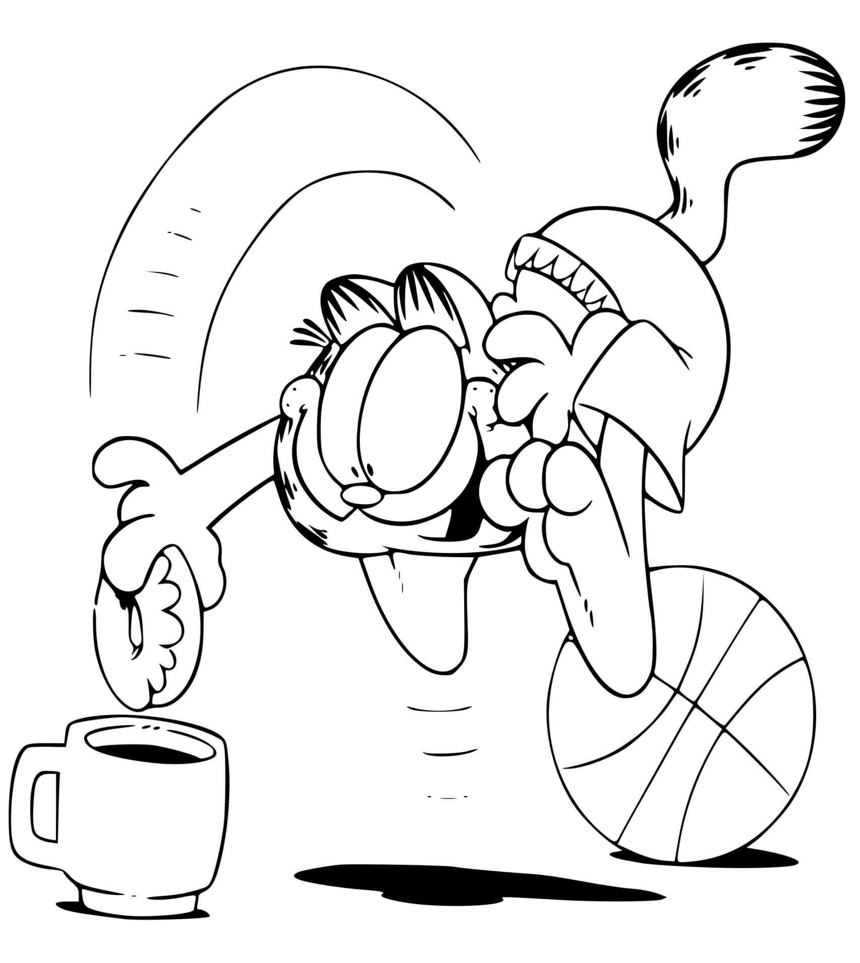 Coloriage Garfield Deguste Un Beigne Et Café - Garfield à imprimer