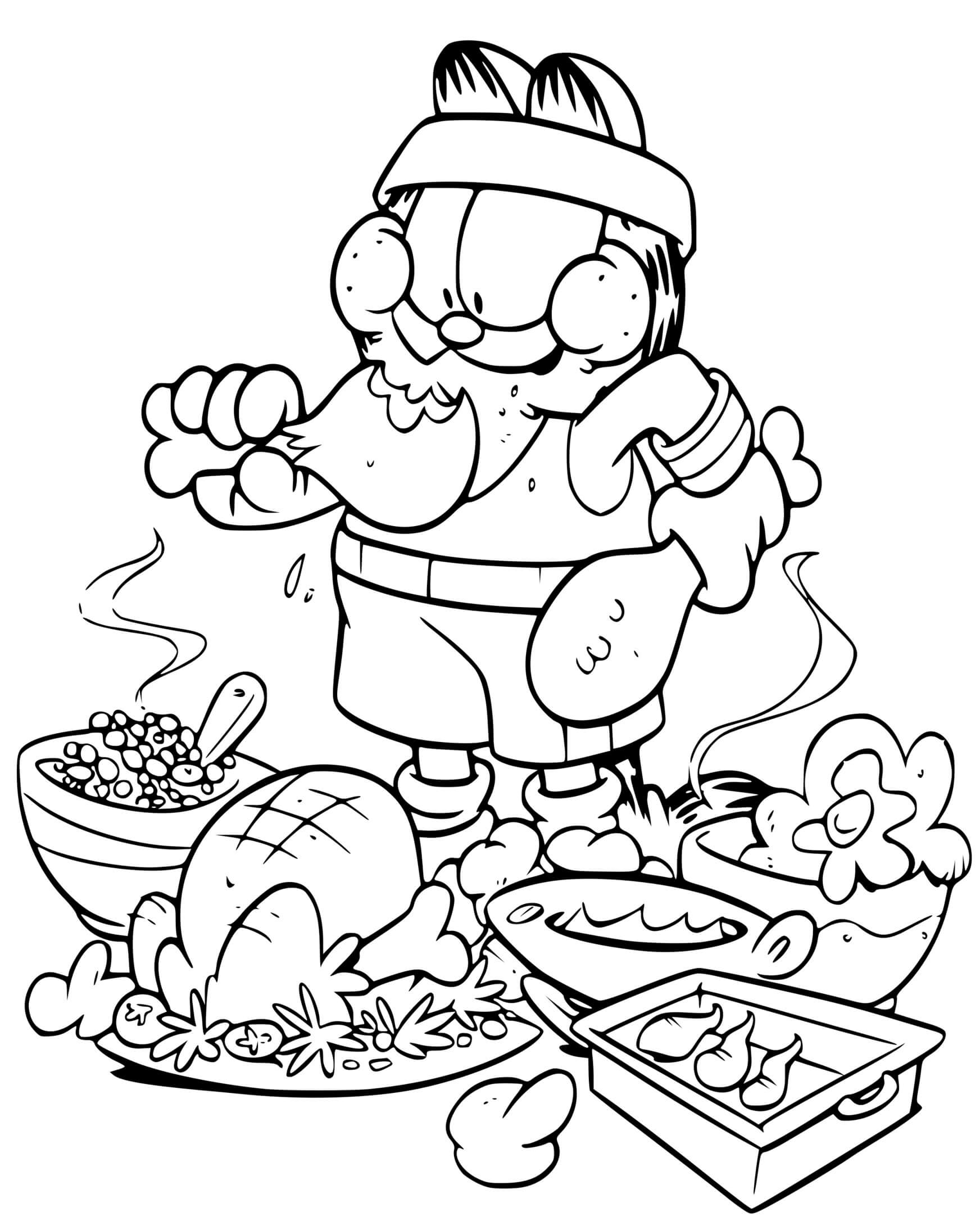 Coloriage Garfield Deguste Un Grand Festin De Poulet Après Une Séance De Sport - Garfield à imprimer