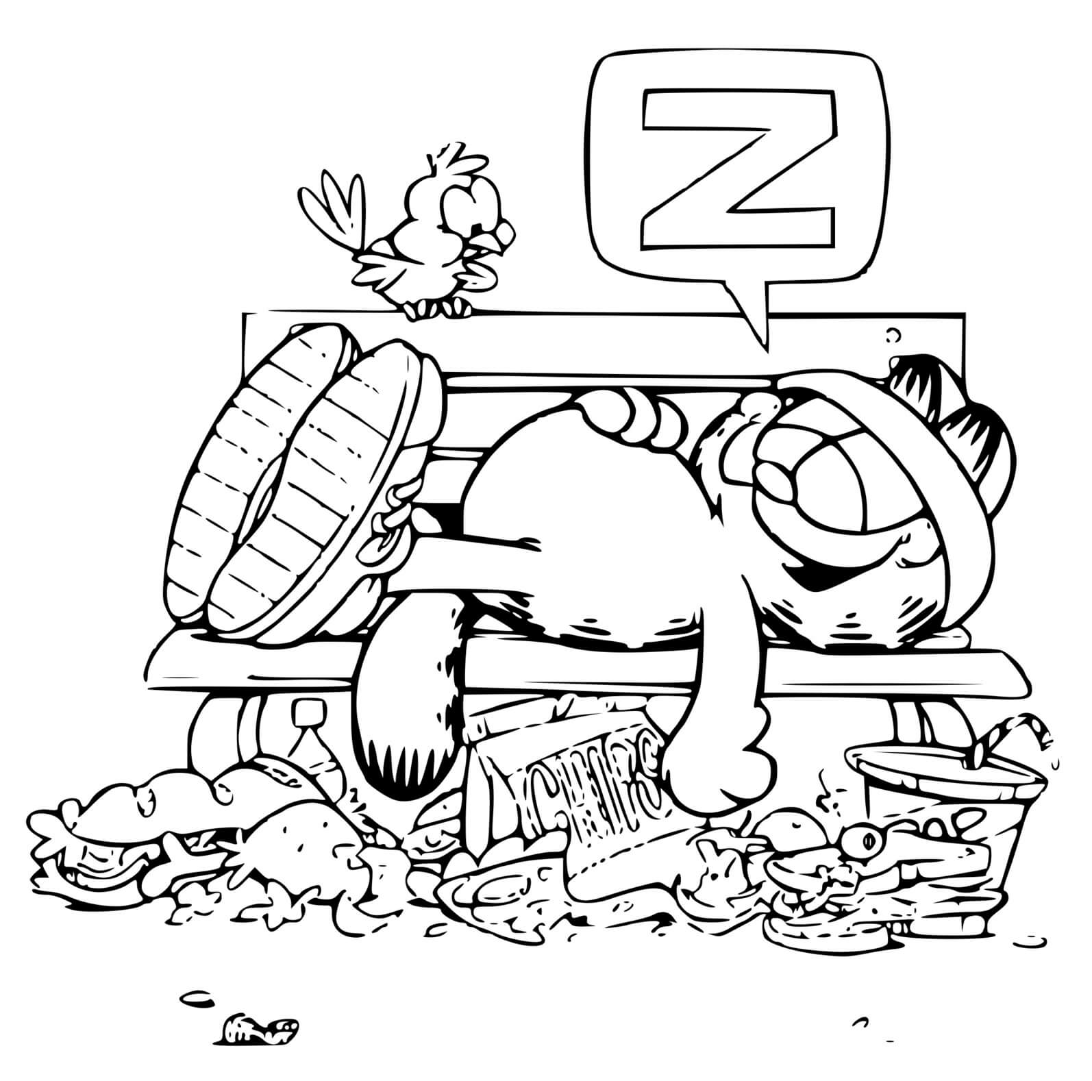 Coloriage Garfield Dort Après Avoir Mange De Nombreux Repas Chips Pizza Sandwitch - Garfield à imprimer