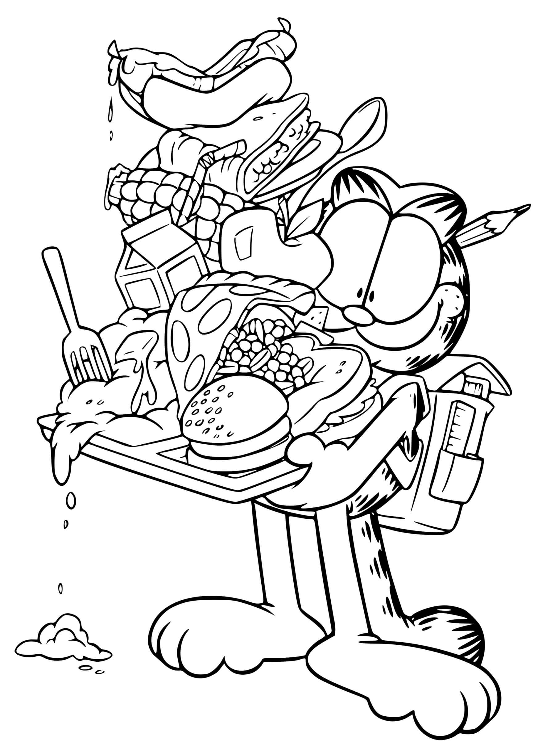 Coloriage Garfield Sort De La Cafeteria Avec Un Grand Plateau De Nourritures - Garfield à imprimer