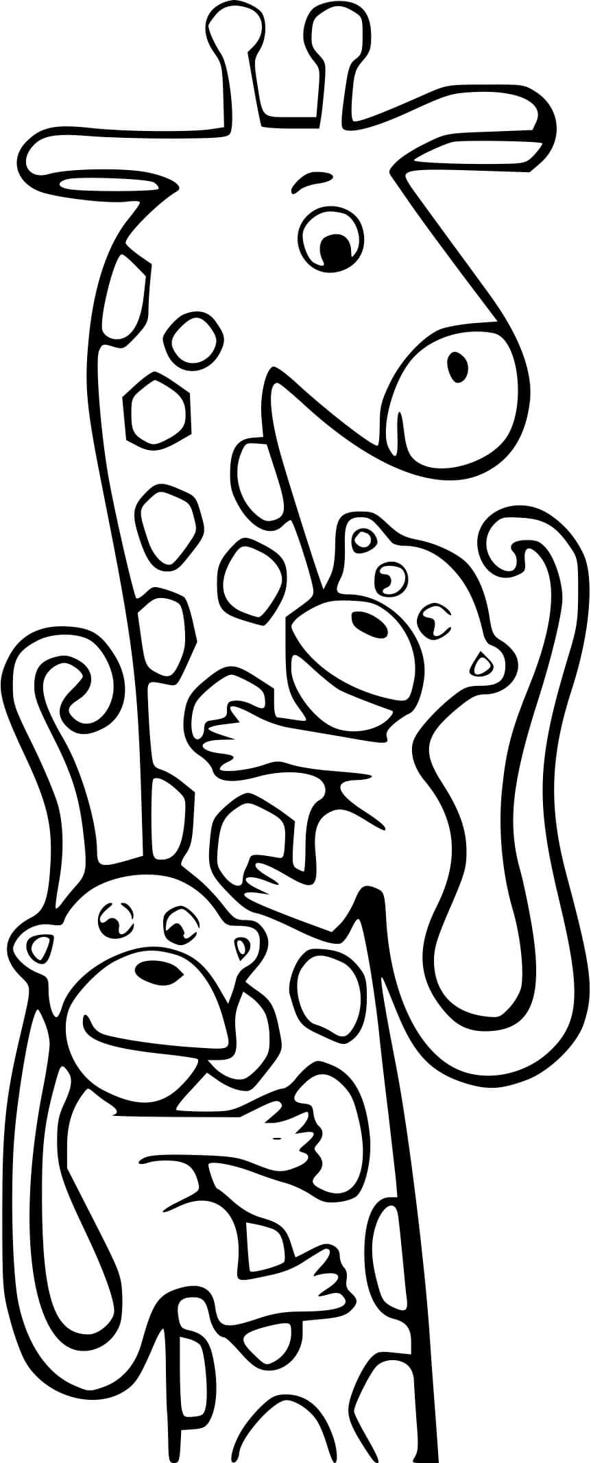 Coloriage Girafe Avec Ses Amis Les Singes - Girafe à imprimer