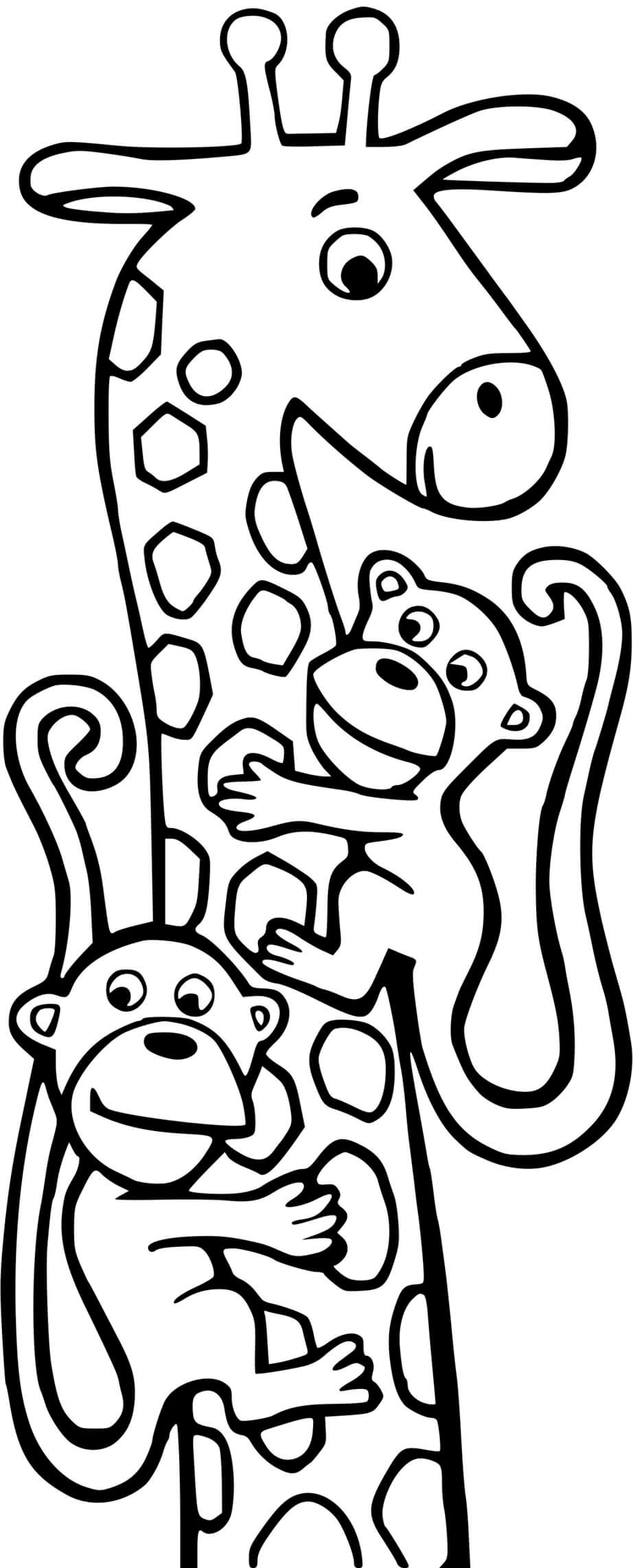 Coloriage Girafe Et 2 Singes - Girafe à imprimer
