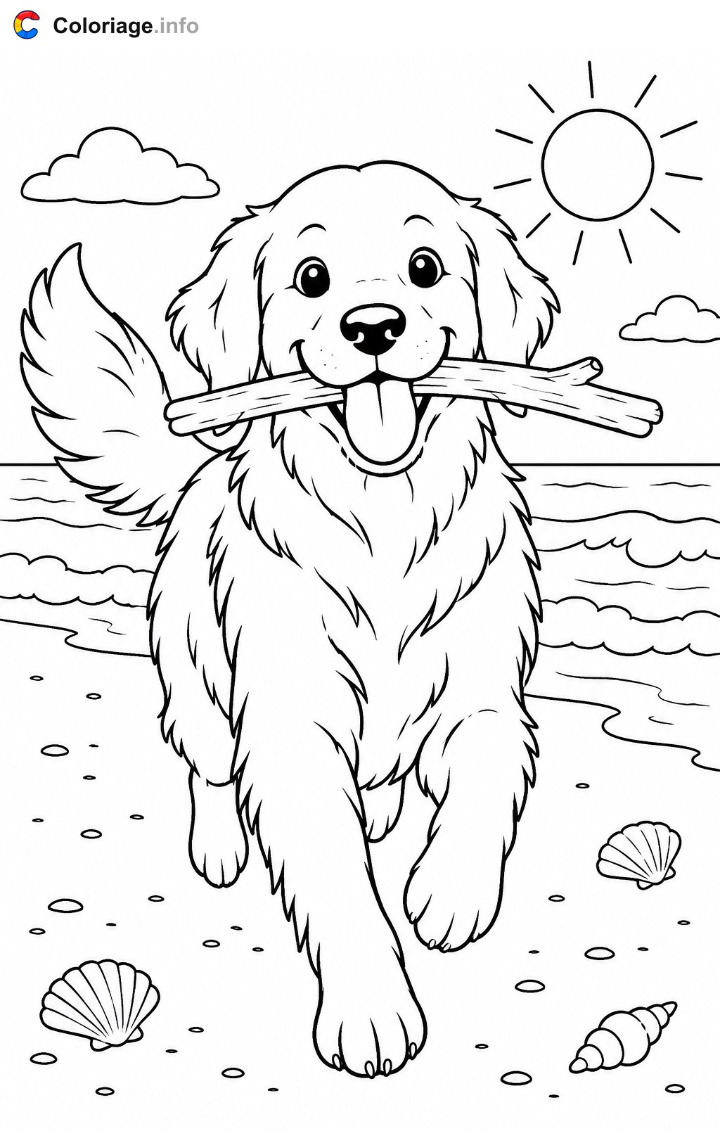 Golden Retriever am Strand - Ausmalbilder — Ausmalbild zum Ausdrucken