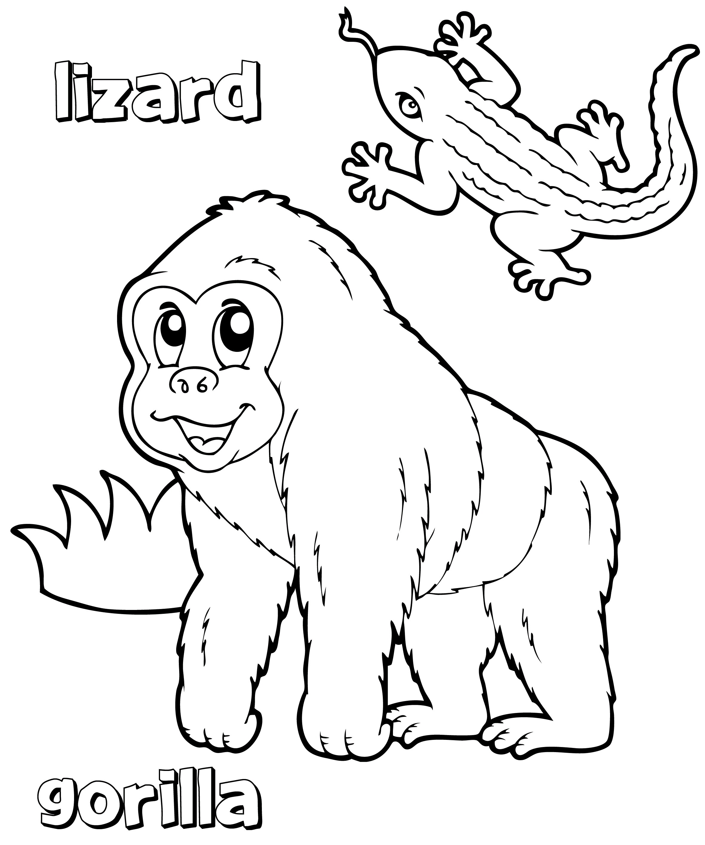 Coloriage Gorille Et Lezard Petit Reptile Avec Quatre Pattes - Animaux de la jungle à imprimer