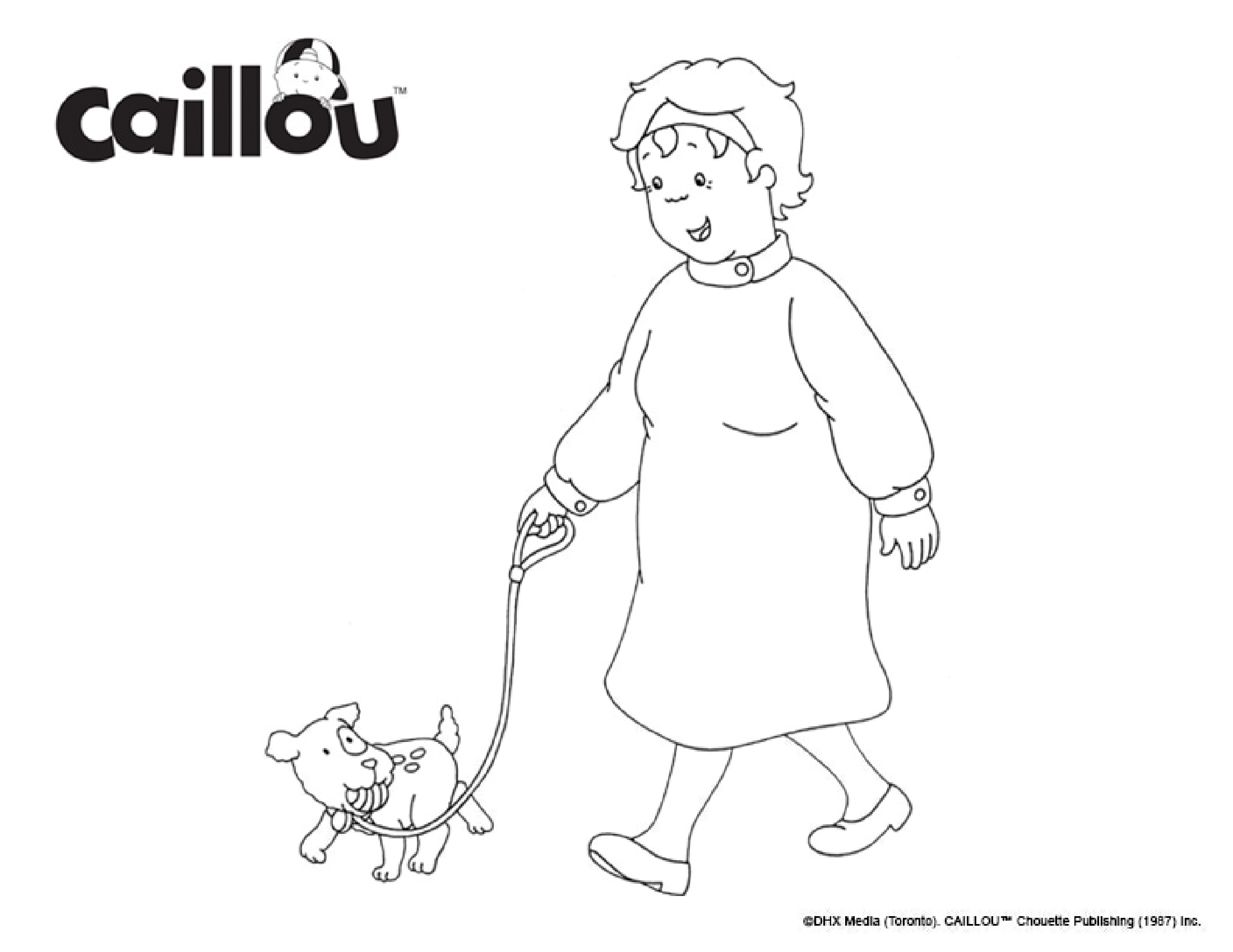 Coloriage Grand Mère Mami Promene Un Chien - Caillou à imprimer