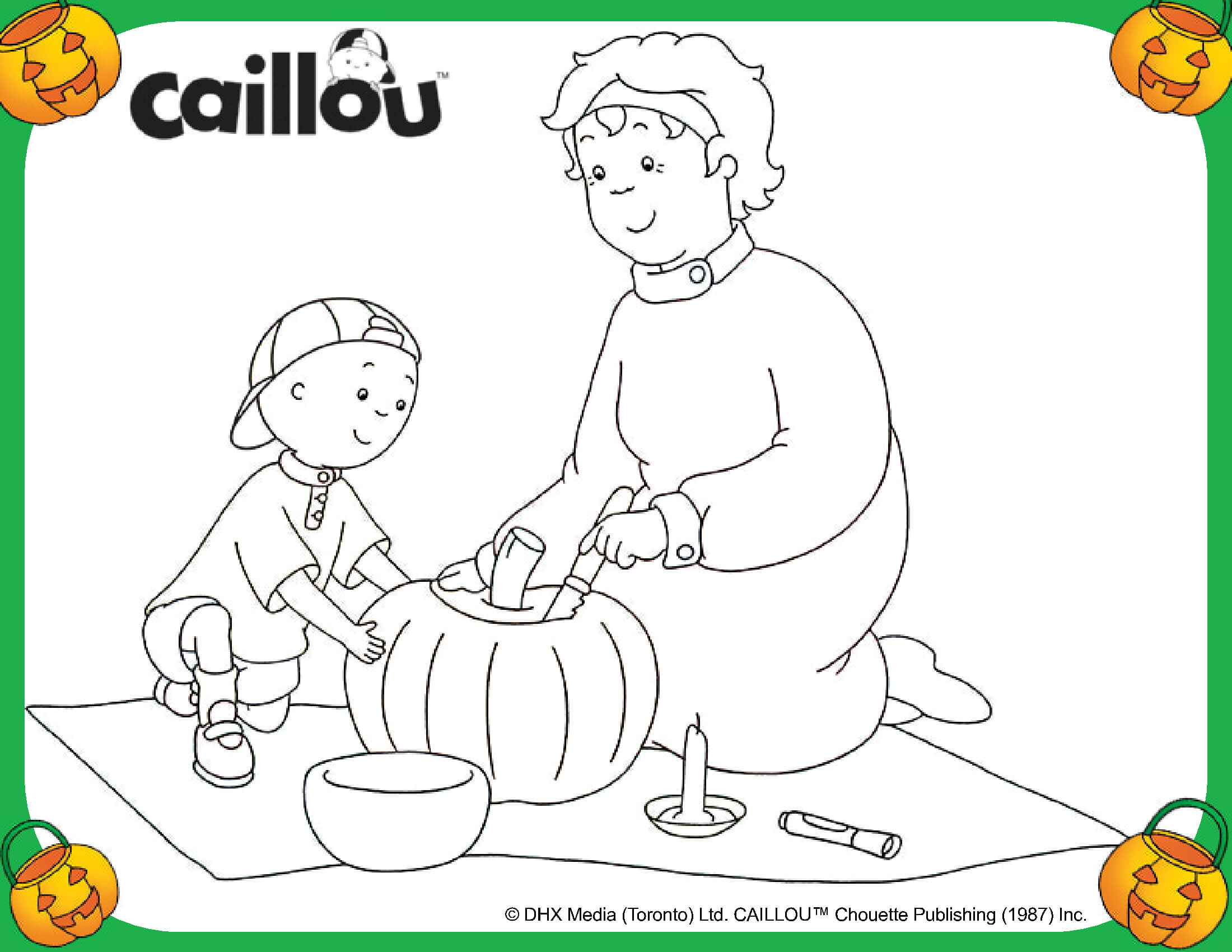 Coloriage Grand Mère Mamie Decoupe Une Citrouille Avec Caillou - Caillou à imprimer