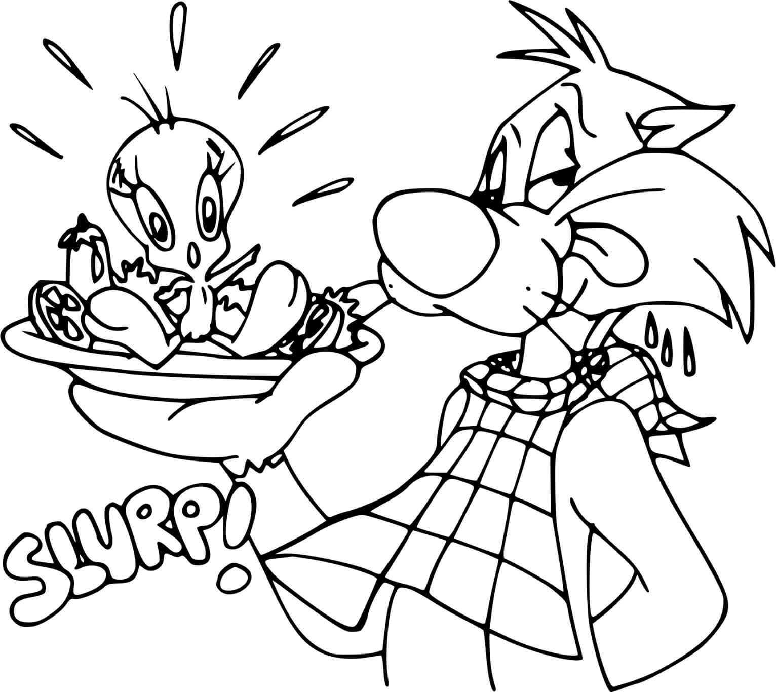 Coloriage Gros Minet Veut Manger Titi Avec Une Salade - Titi à imprimer