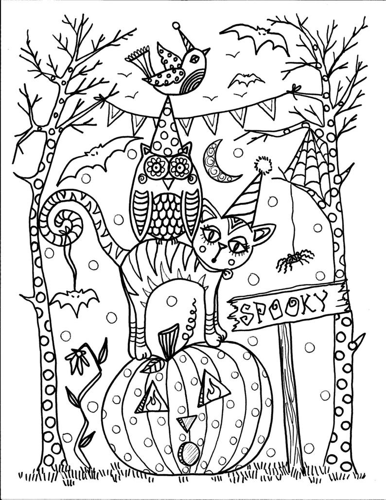Coloriage Halloween 31 Octobre Hibou Chat Citrouille - Halloween à imprimer