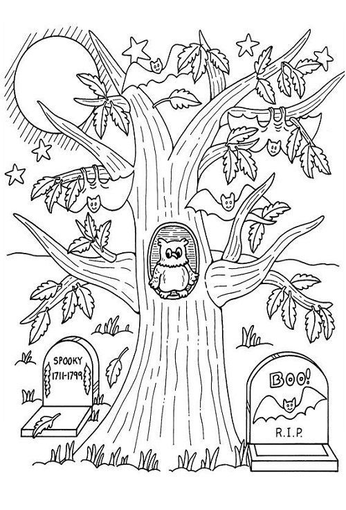 Coloriage Halloween Arbre Chauve Souris Octobre - Halloween à imprimer