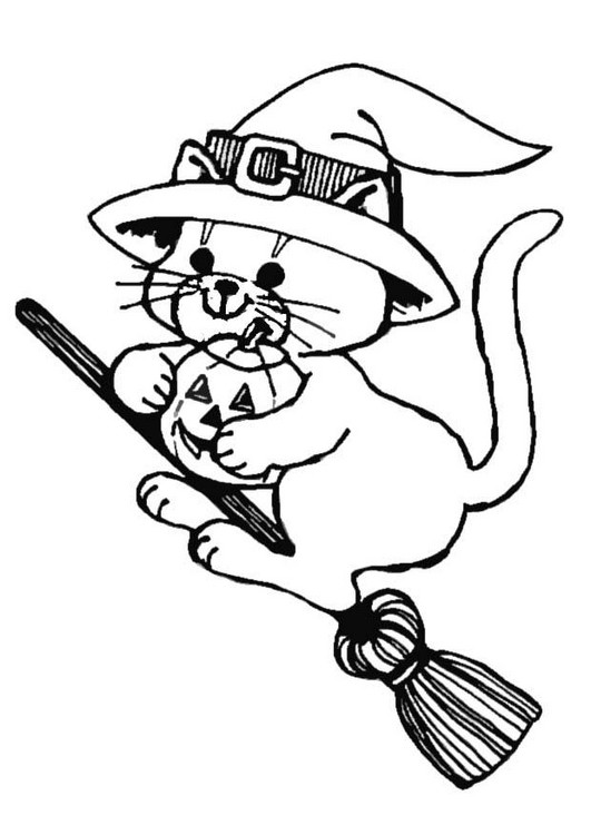 Coloriage Halloween Chat Avec Chapeau - Chat à imprimer
