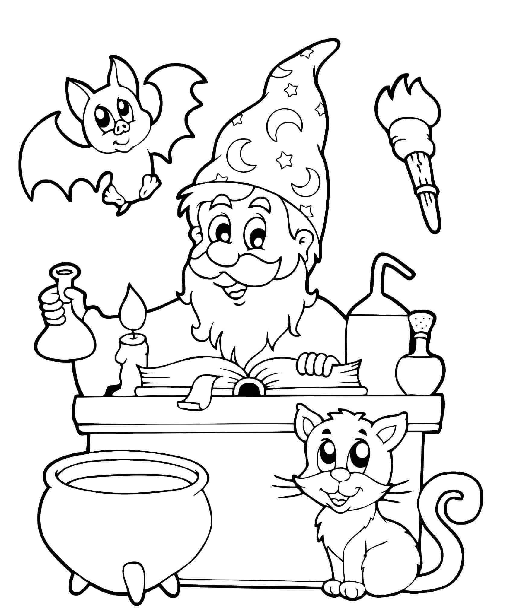 Coloriage Halloween Chat Et Chauve Souris Avec Le Sorcier Magicien - Halloween à imprimer