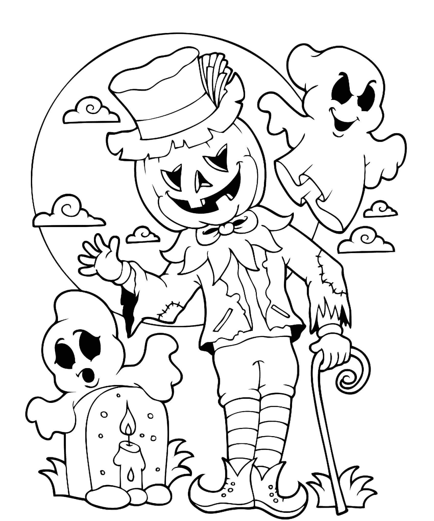 Coloriage Halloween Épouvantail Citrouille Lune Et Cimetiere - Halloween à imprimer