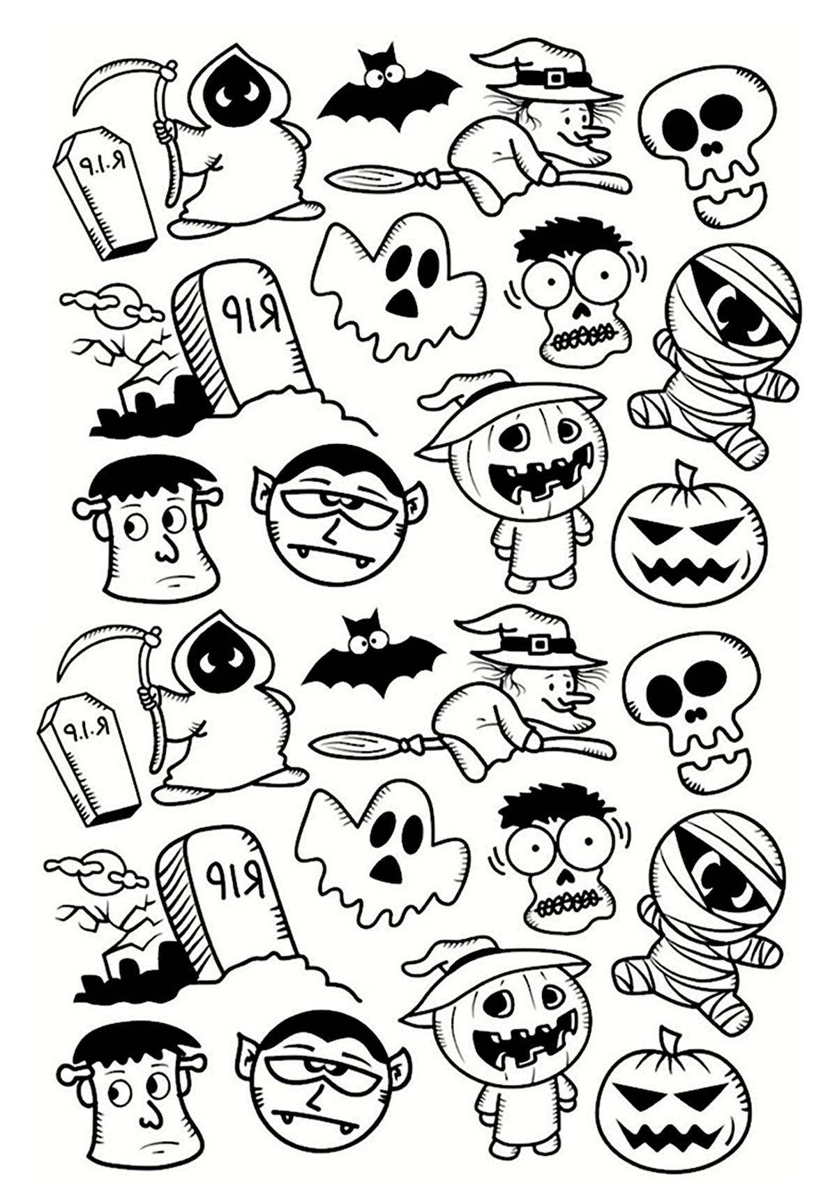 Coloriage Halloween Fantôme Vampire Citrouille Doodle - Halloween à imprimer