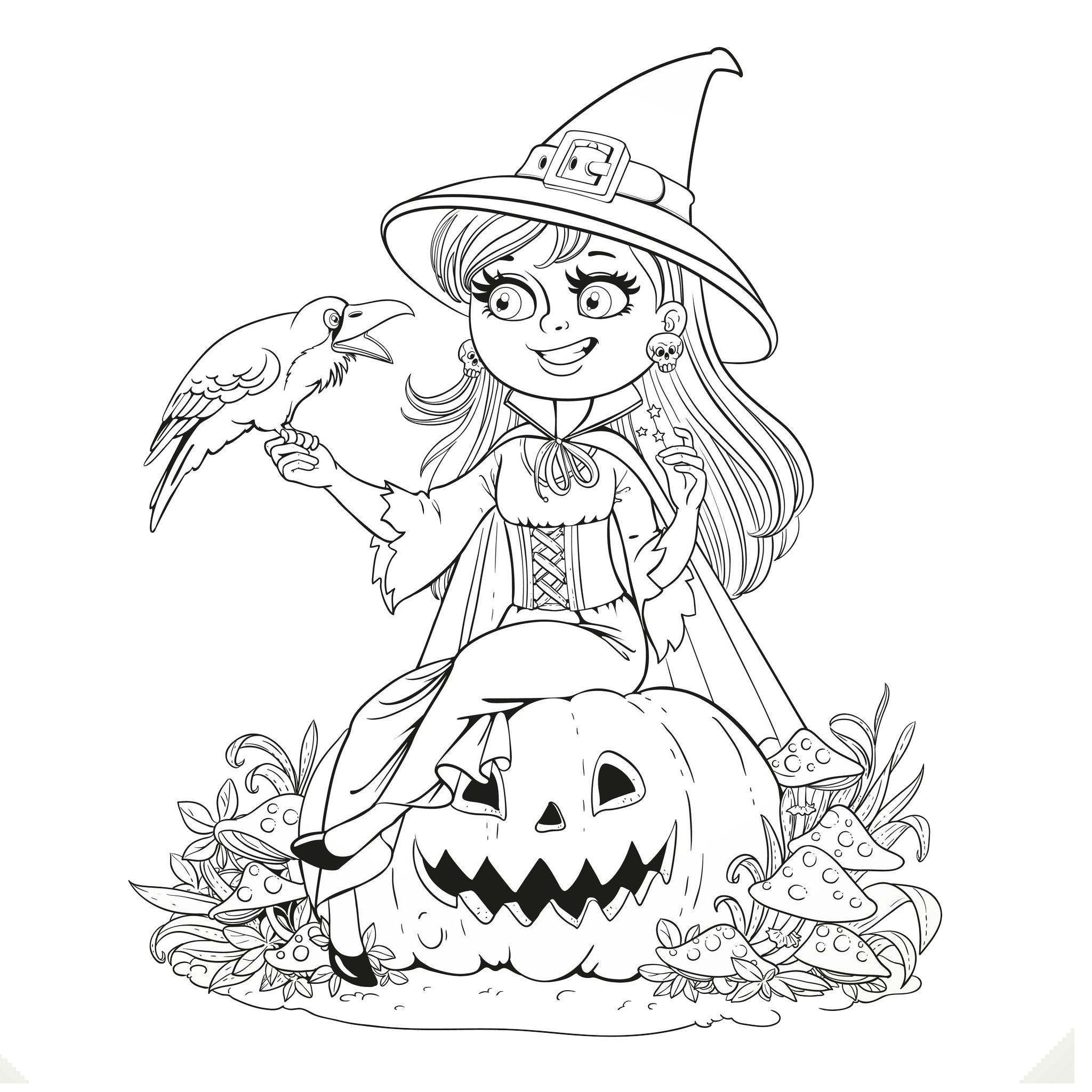 Coloriage Halloween Gentille Sorcière Et Son Corbeau Sur Une Citrouille Hd - Halloween sorciere à imprimer