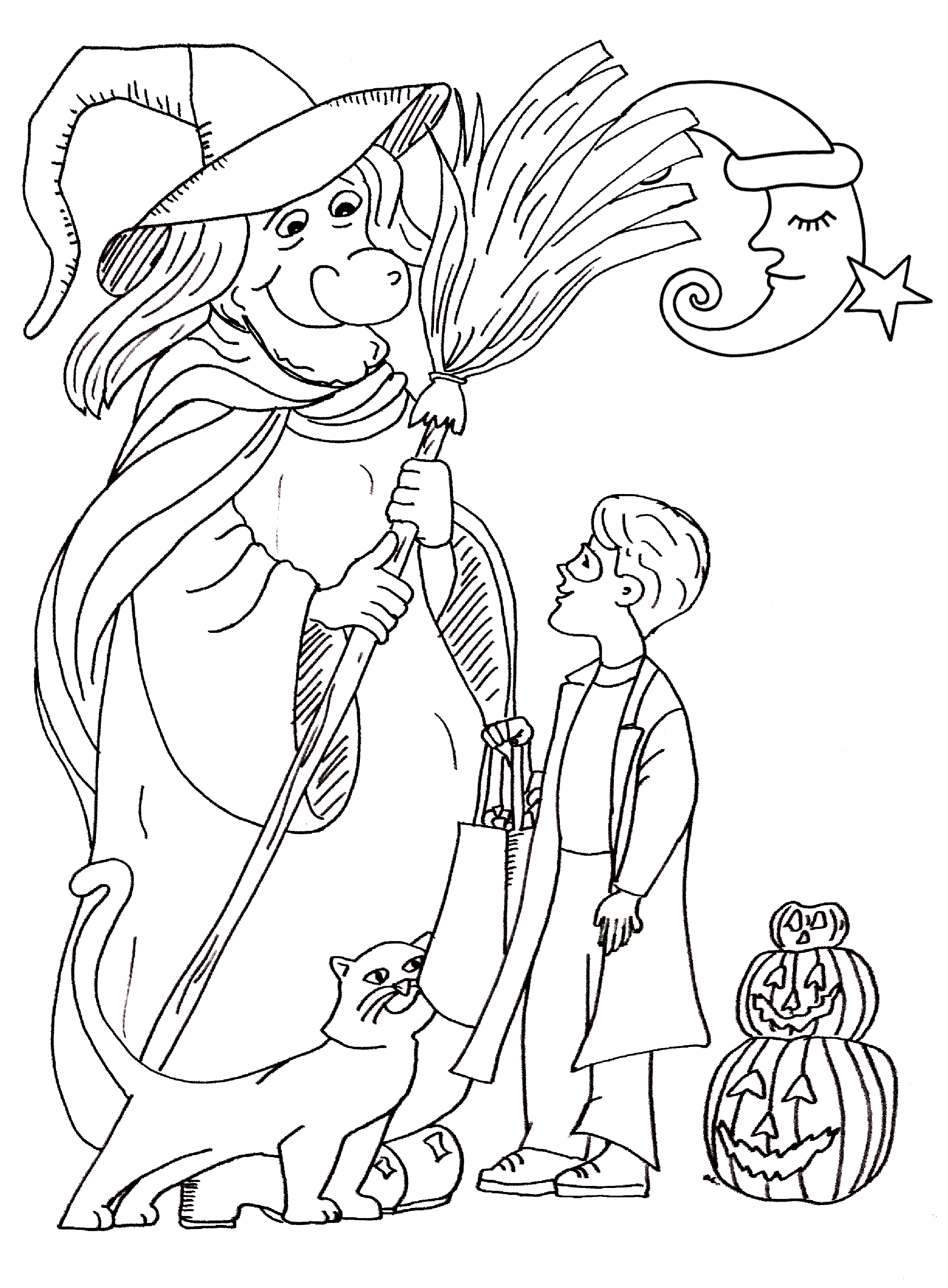 Coloriage Halloween Gentille Sorcière Parle Avec Un Enfant - Halloween sorciere à imprimer