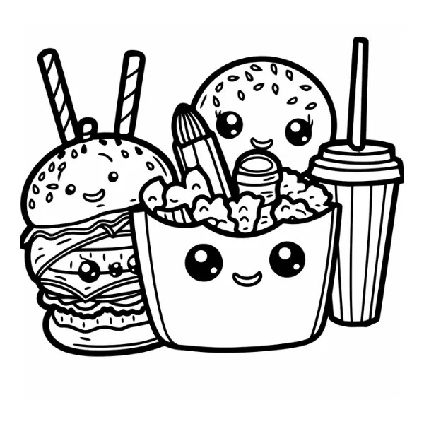 Coloriage Hamburger Frites Boisson - Kawaii nourriture à imprimer
